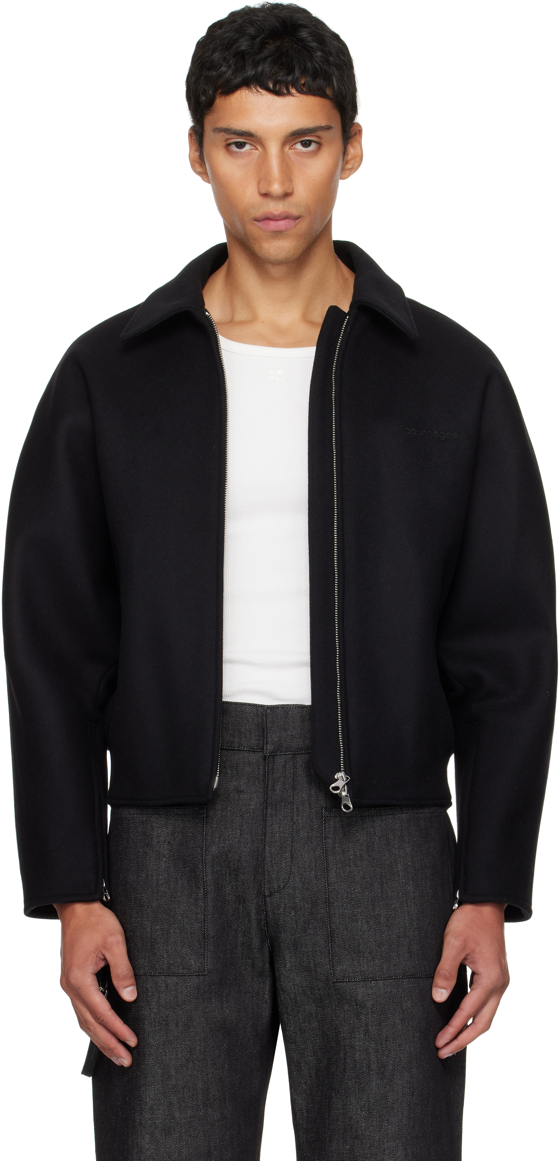 Courrèges Black Embroidered Wool Bomber Jacket In Black