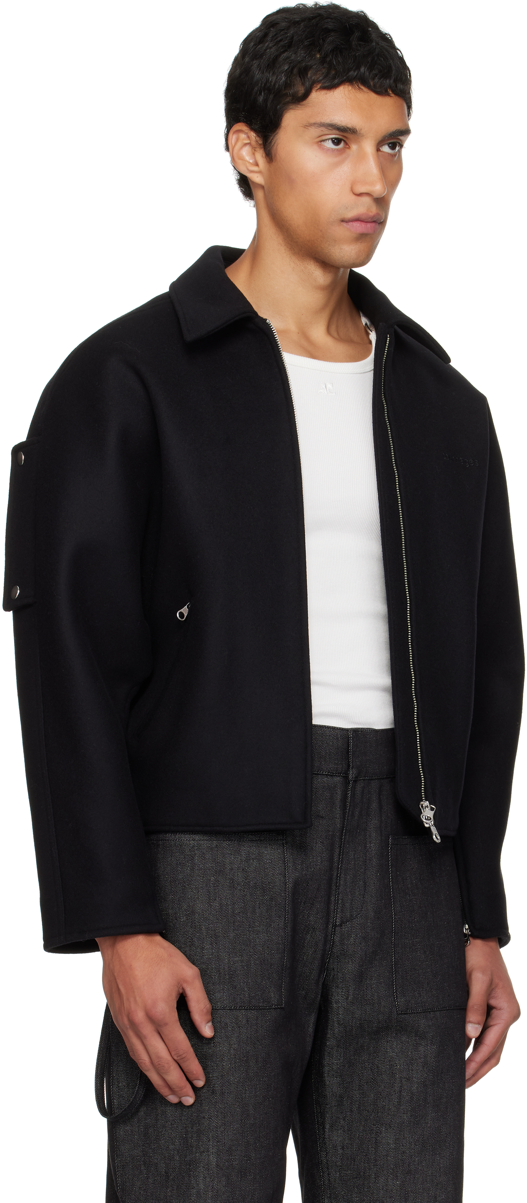 Courrèges Black Embroidered Wool Bomber Jacket In Black