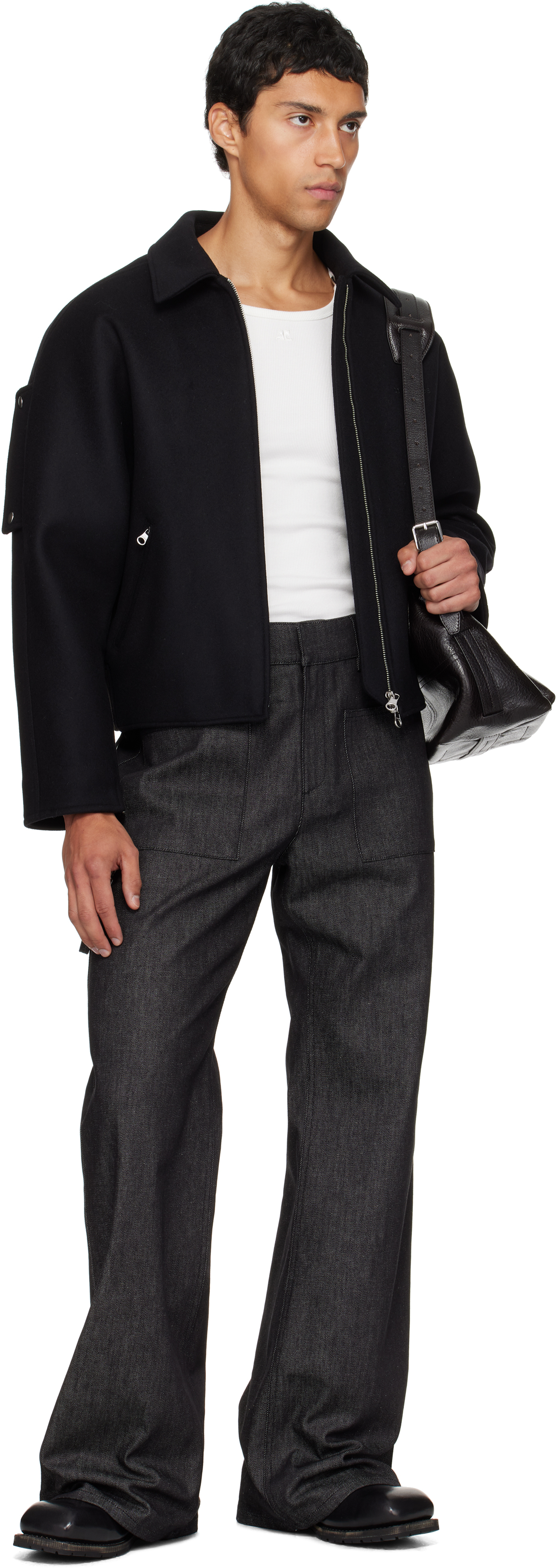 Courrèges Black Embroidered Wool Bomber Jacket In Black