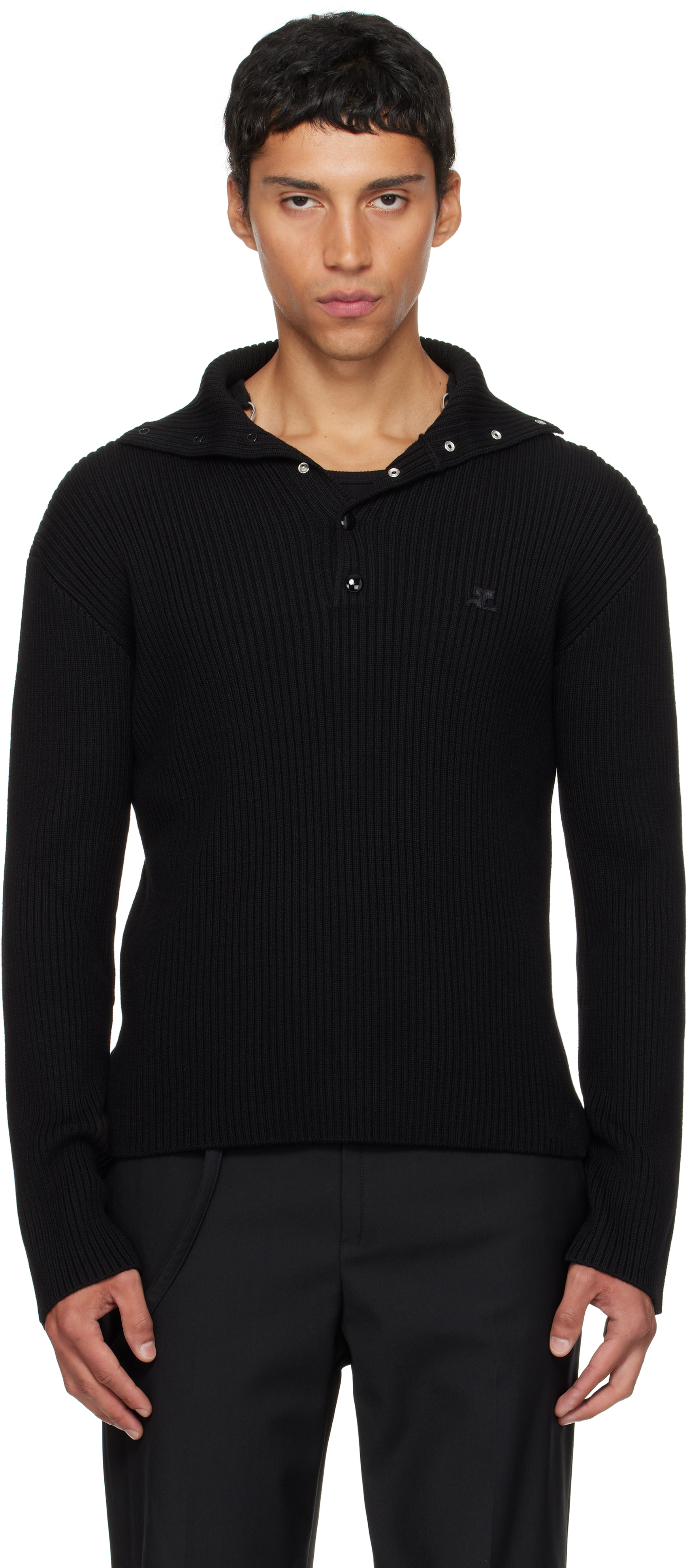 Courrèges Black Ribbed Wool Polo In Black
