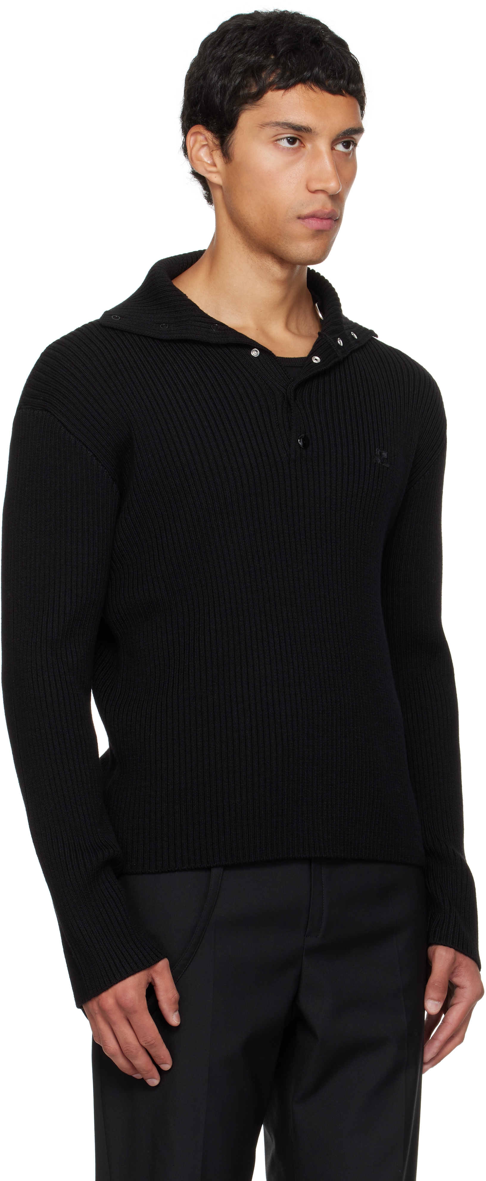 Courrèges Black Ribbed Wool Polo In Black
