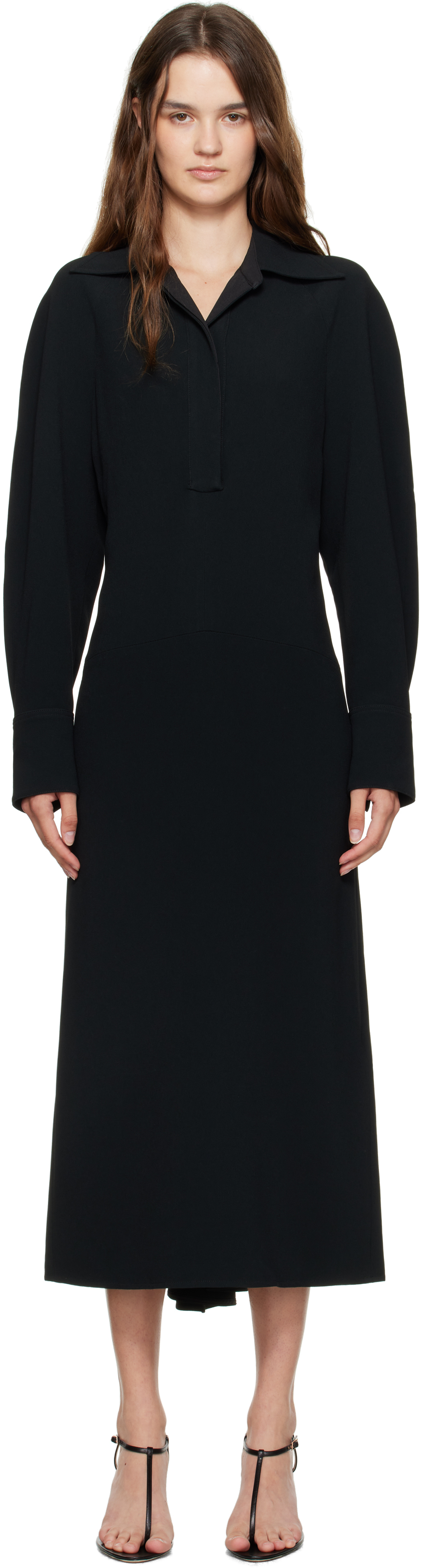Black Long Sleeve Polo Midi Dress