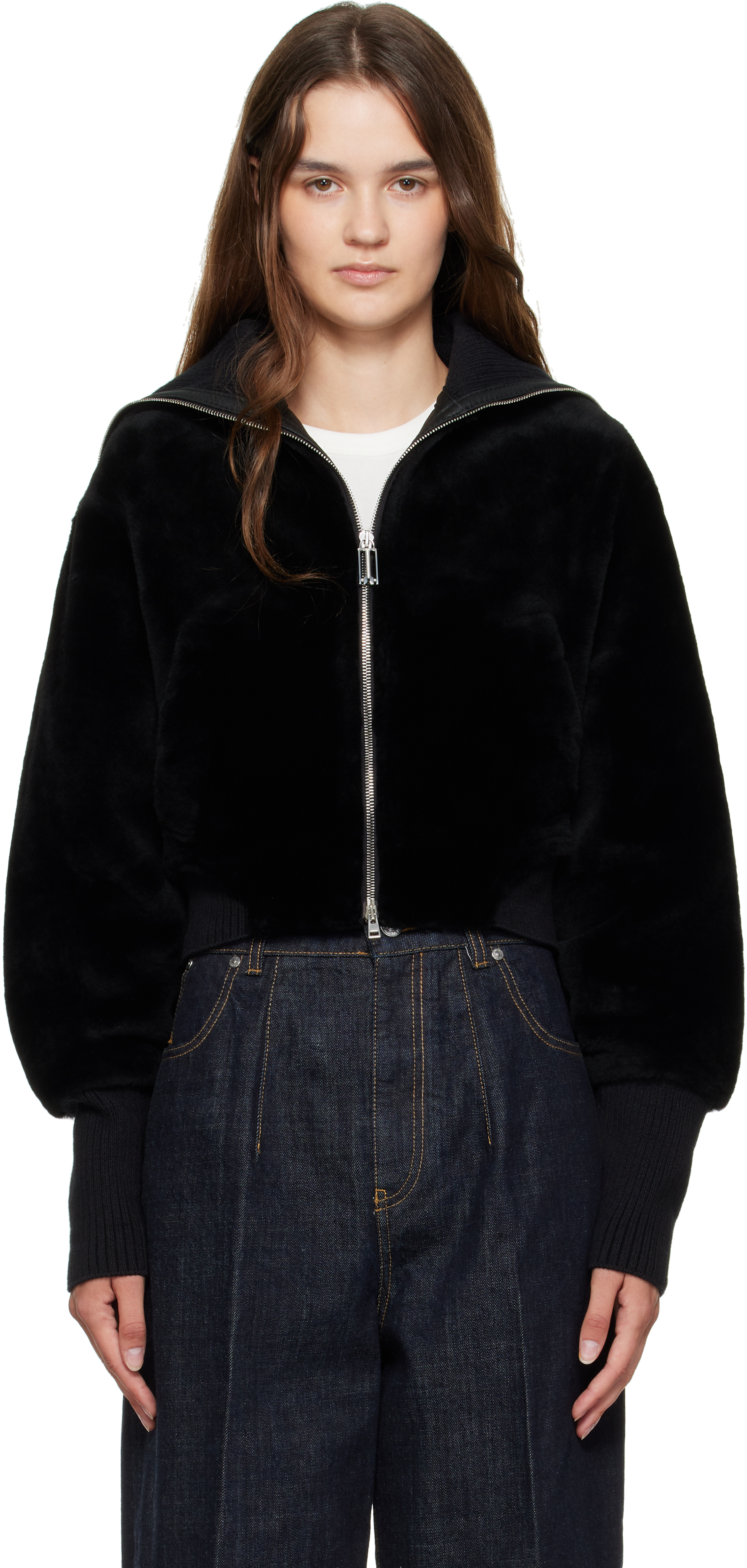 Black Zip Shearling Bomber Jacket