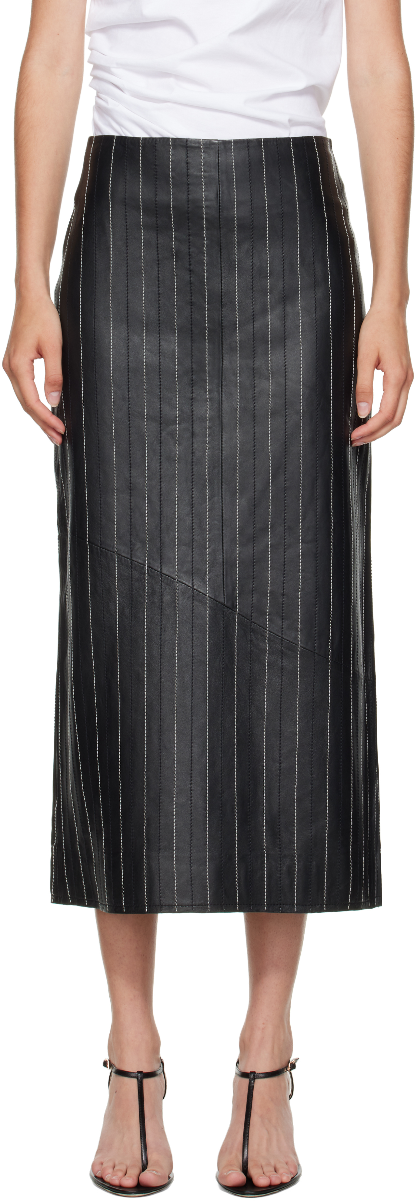 Black Kick Detail Leather Midi Skirt