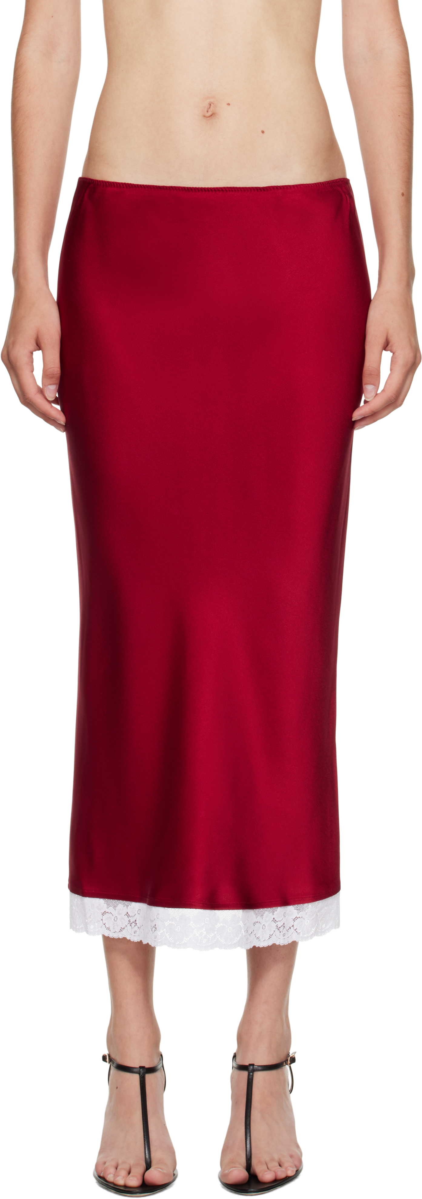 Victoria Beckham Red Lace Trim Slip Midi Skirt In Pink