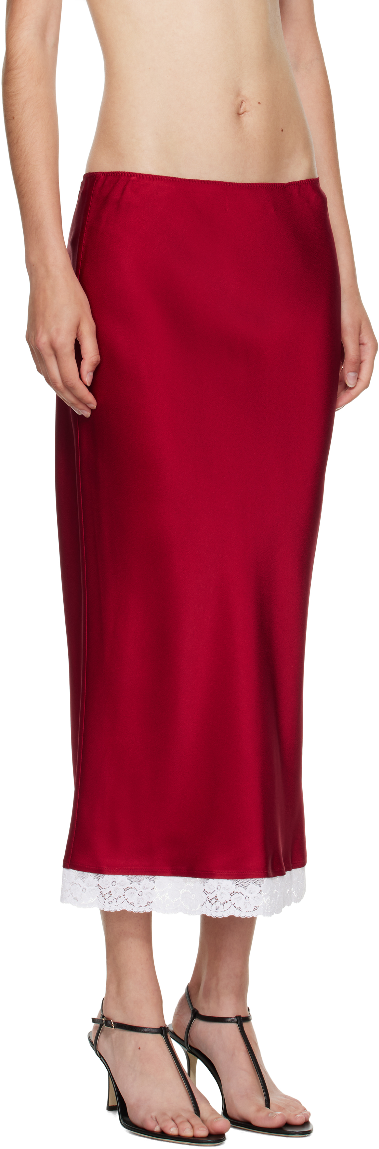Victoria Beckham Red Lace Trim Slip Midi Skirt In Pink