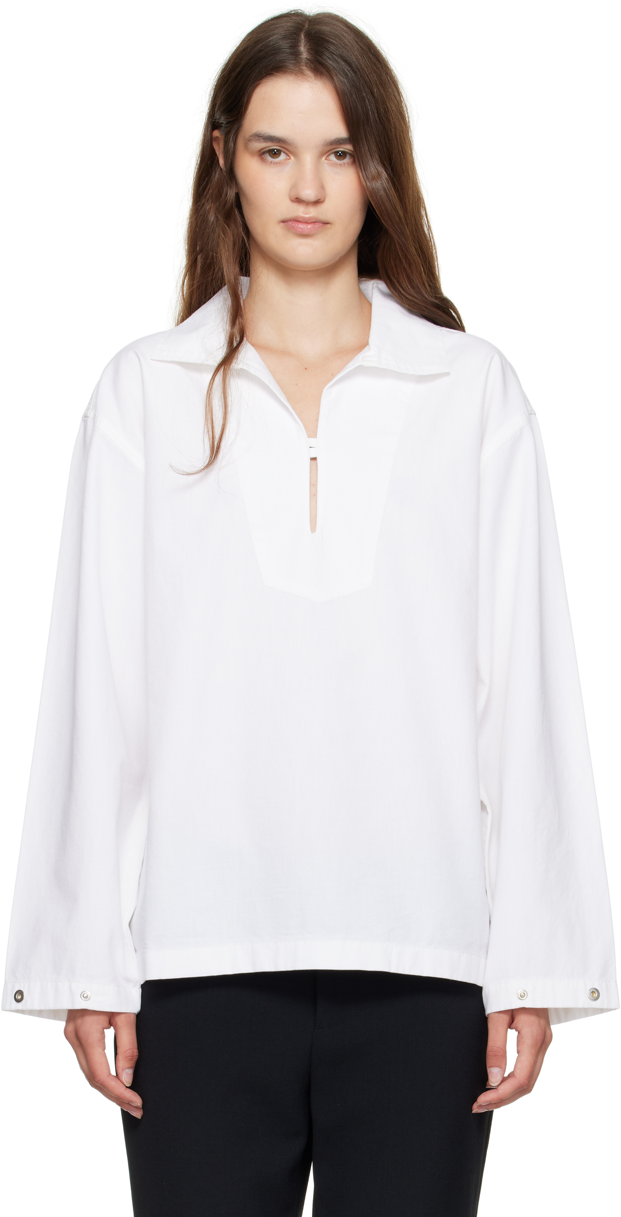 White Tab Detail Denim Blouse
