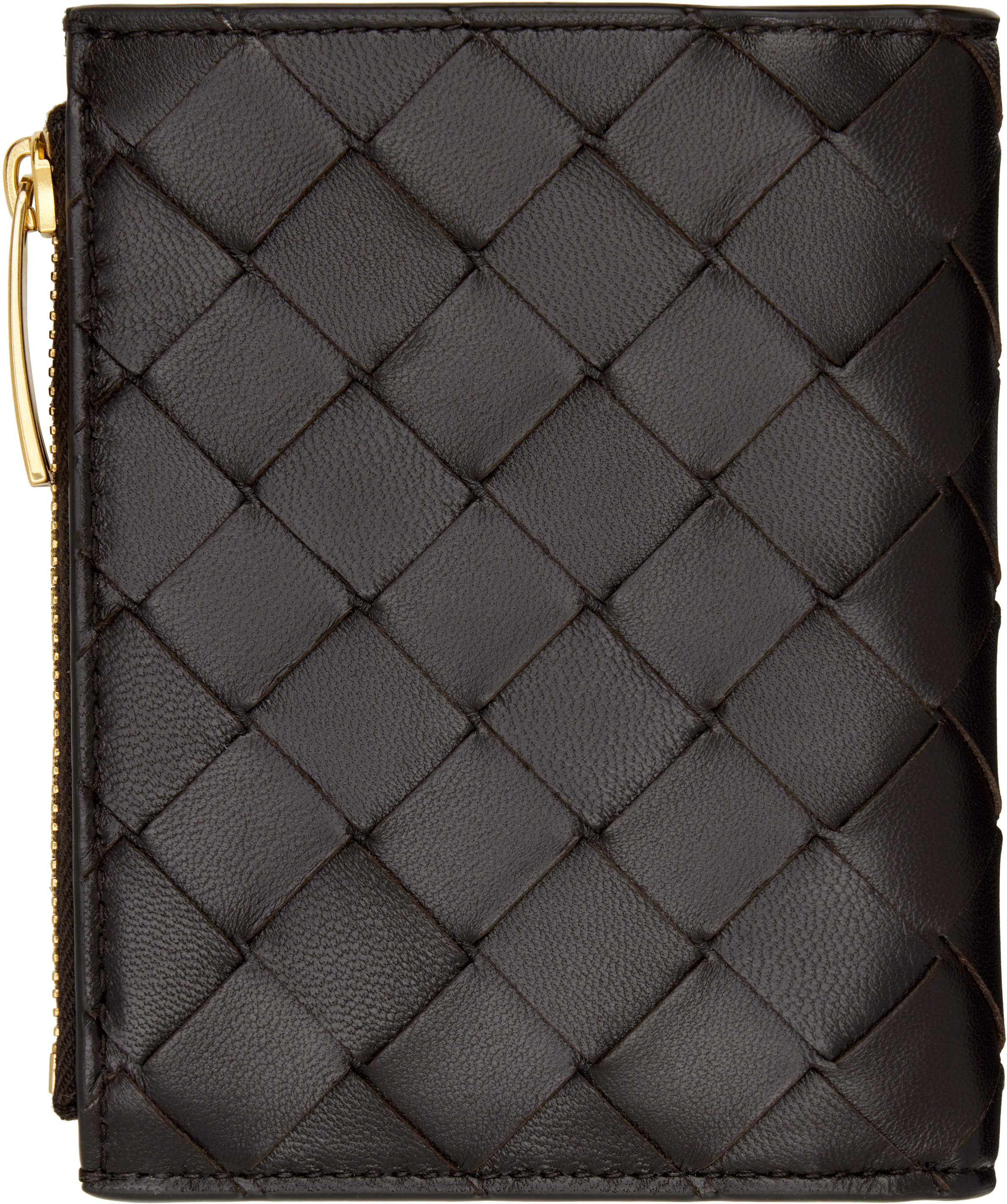 Bottega Veneta Brown Intrecciato Small Bi-fold Wallet In Gold