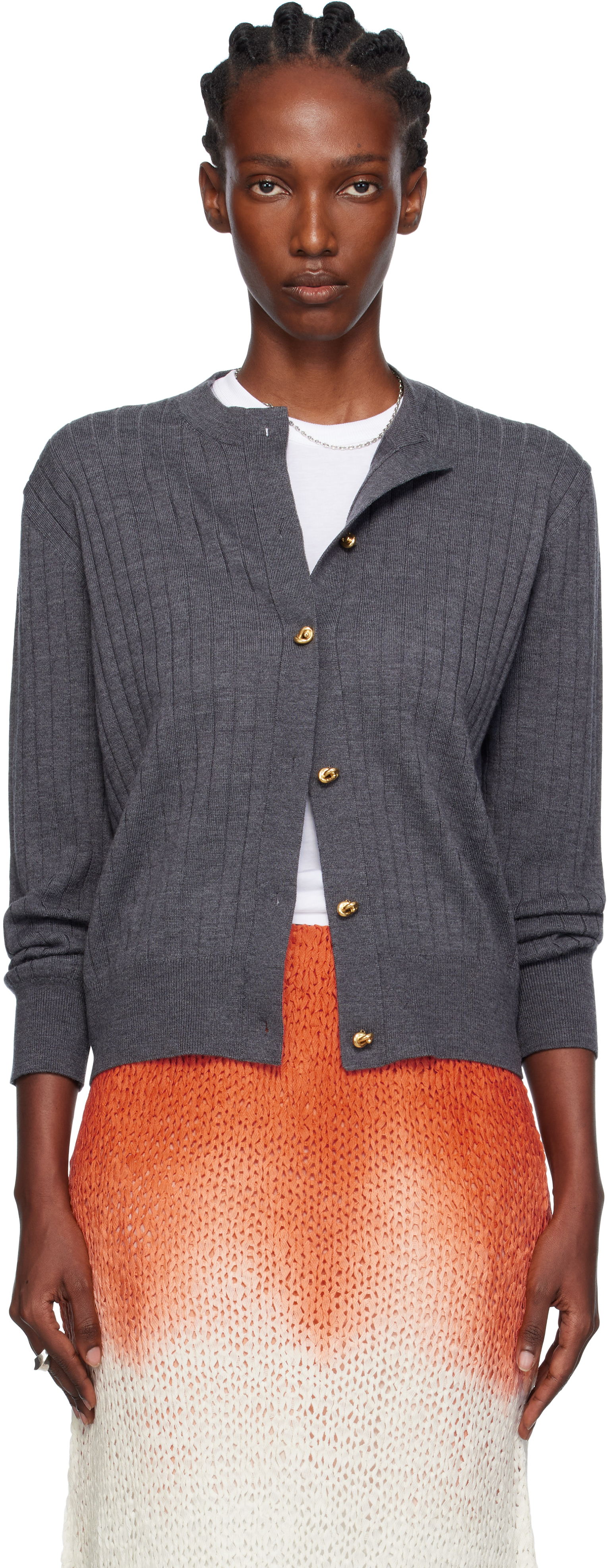 Bottega Veneta Gray Wool Rib Cardigan In Multi