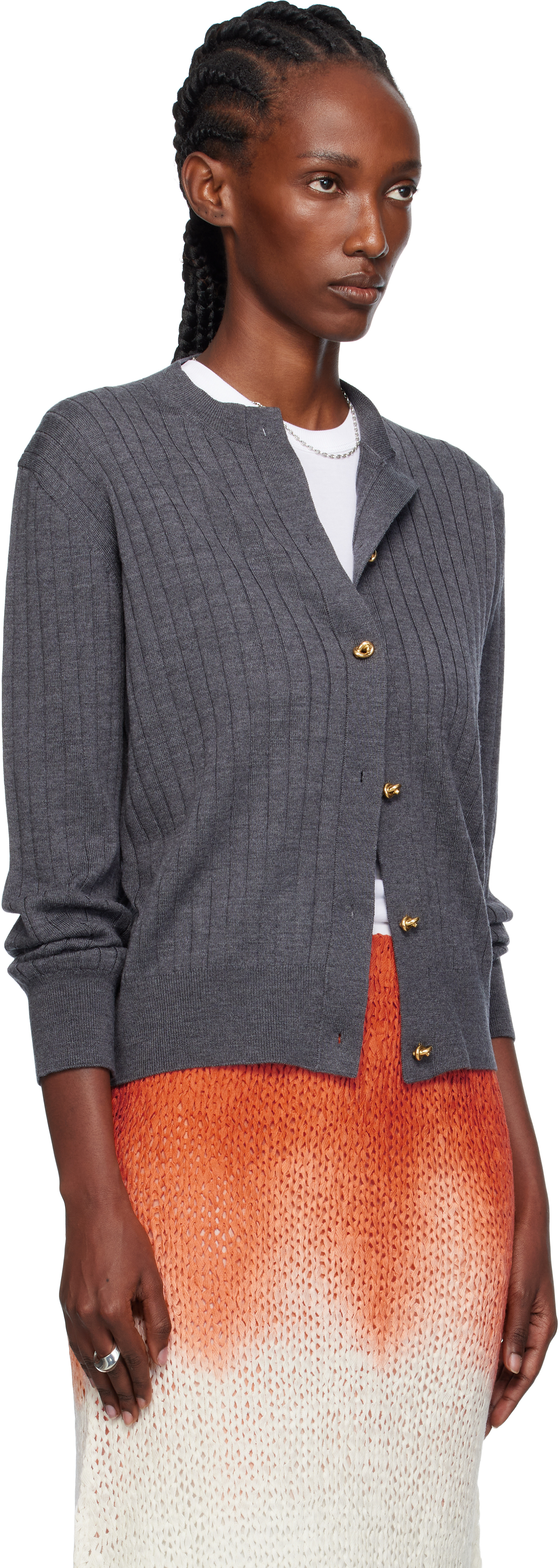 Bottega Veneta Gray Wool Rib Cardigan In Multi