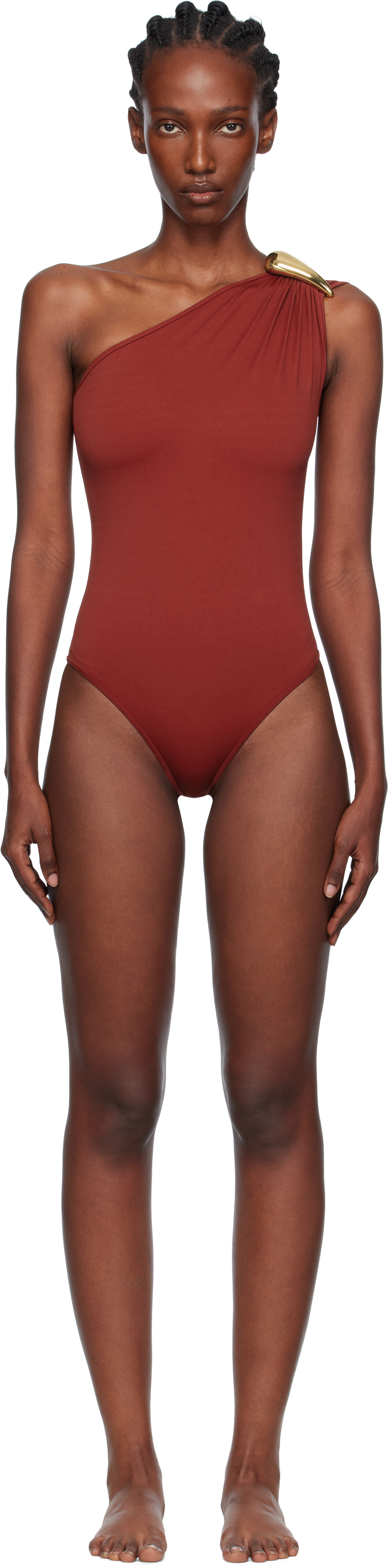 Bottega Veneta Gold-tone Hardware One-shoulder Swimsuit In Red