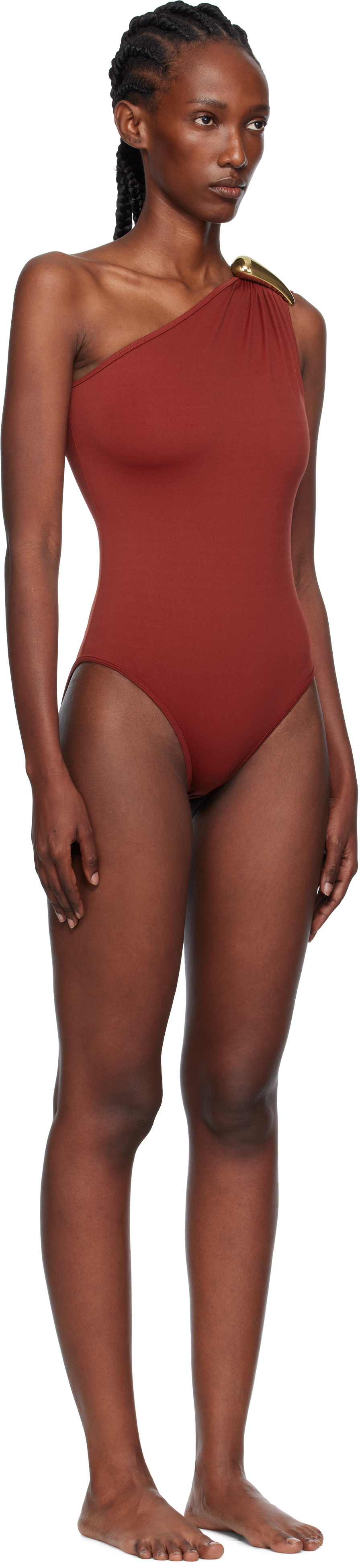 Bottega Veneta Gold-tone Hardware One-shoulder Swimsuit In Red