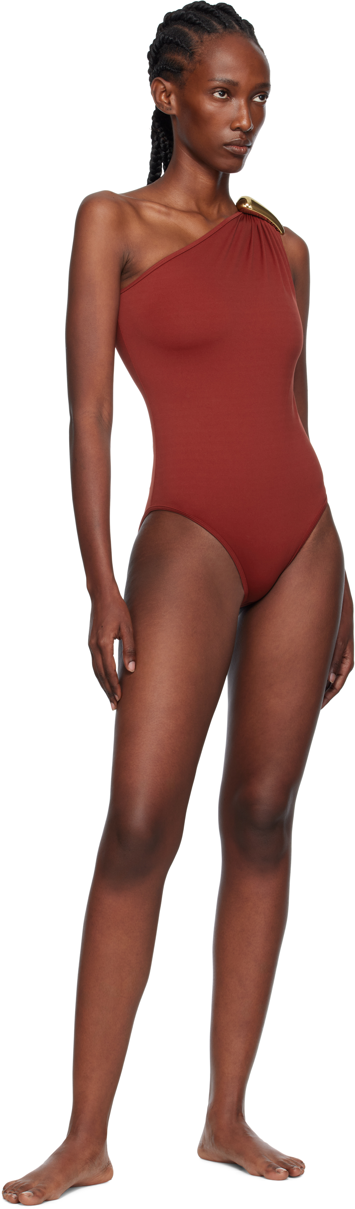 Bottega Veneta Gold-tone Hardware One-shoulder Swimsuit In Red