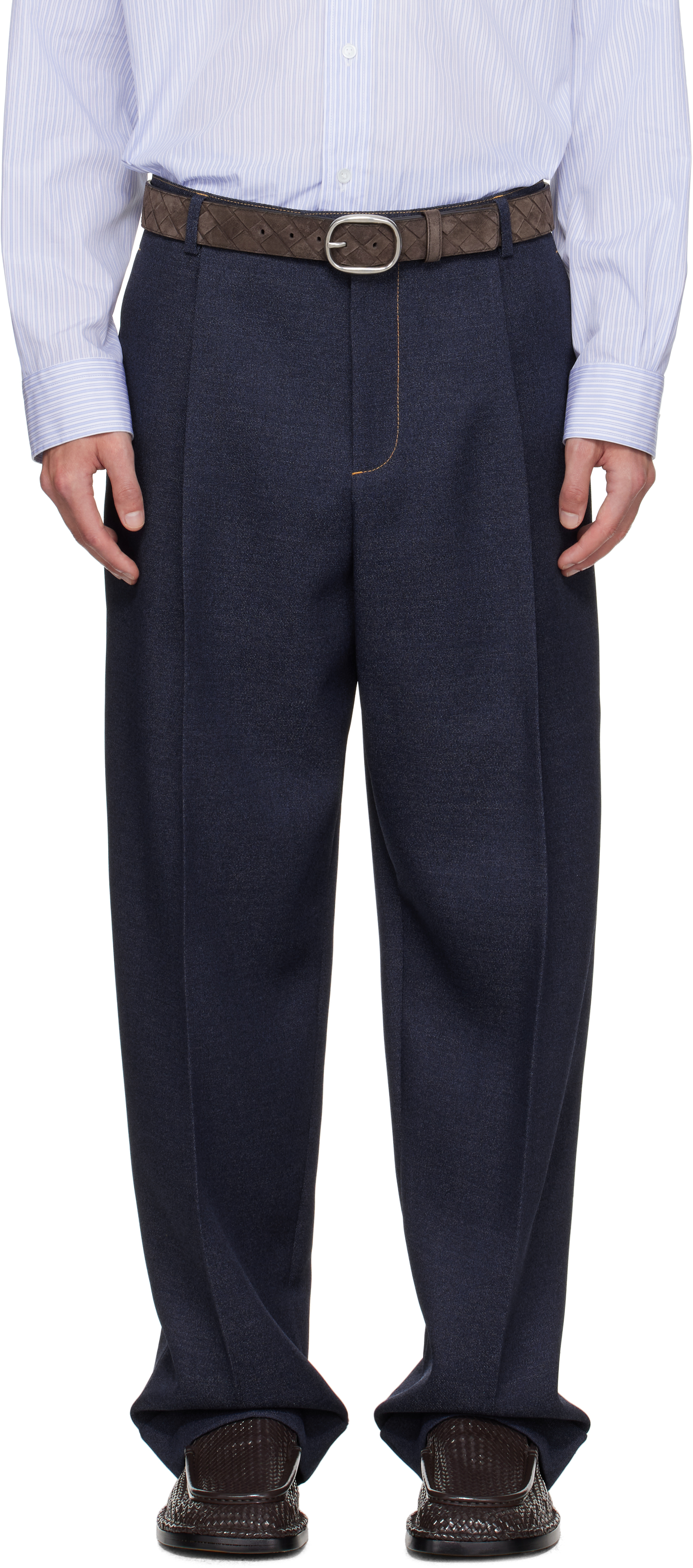 Bottega Veneta Navy Wool Drill Trousers In Blue