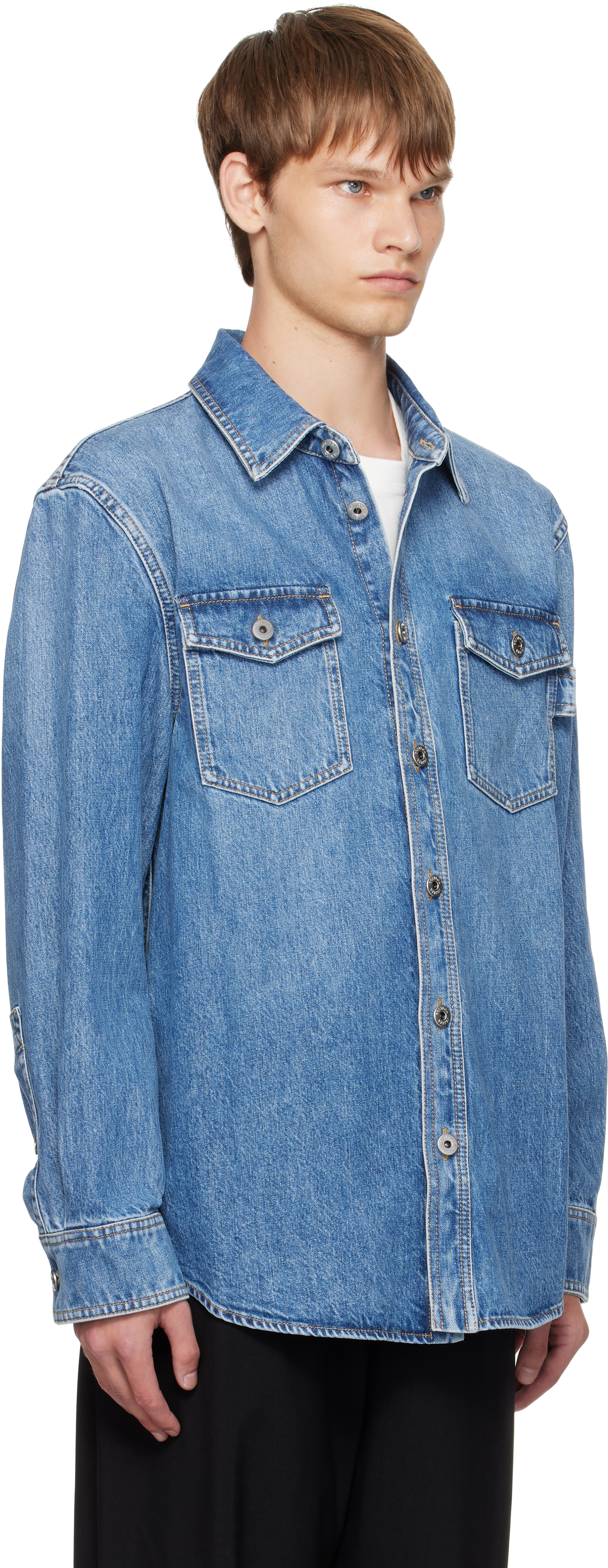 Bottega Veneta Denim Shirt With Flap Pockets And Contrasting Stitching In Blue