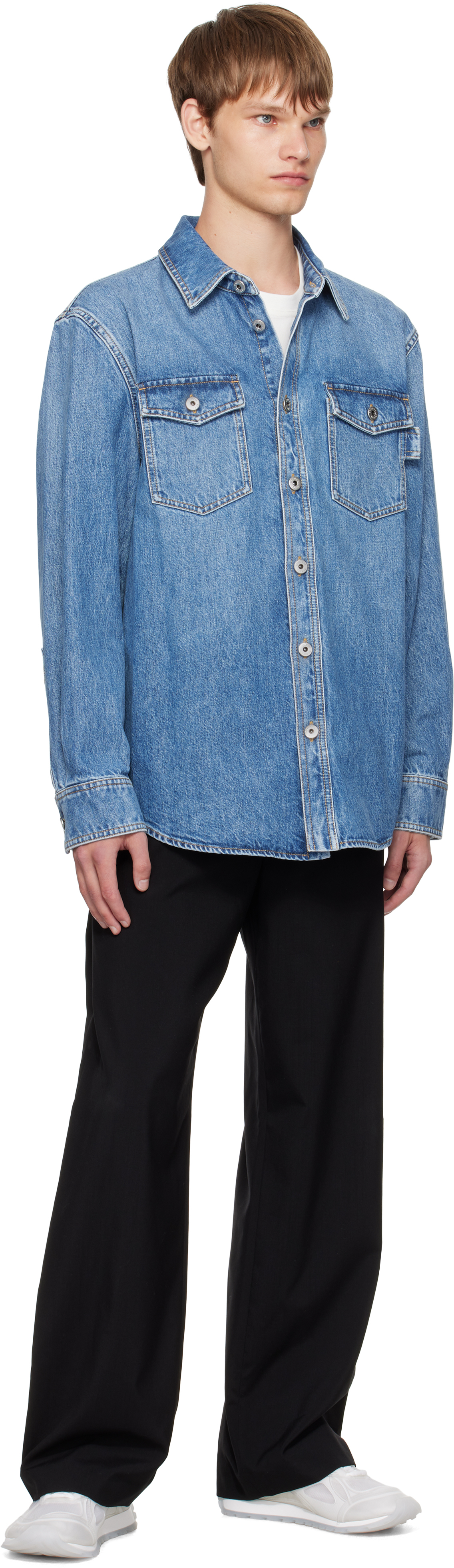 Bottega Veneta Denim Shirt With Flap Pockets And Contrasting Stitching In Blue