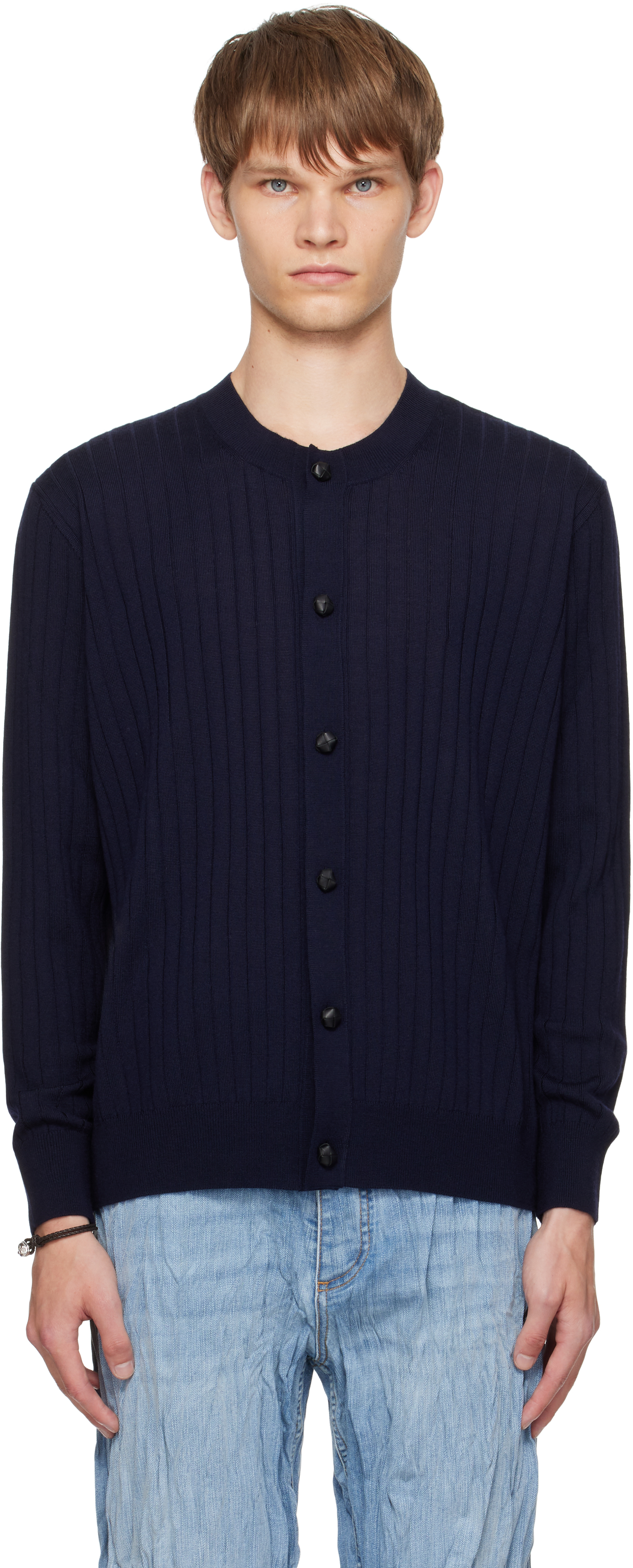 Bottega Veneta Mens Abyss Crewnck Ribbed Wool Cardigan In Blue
