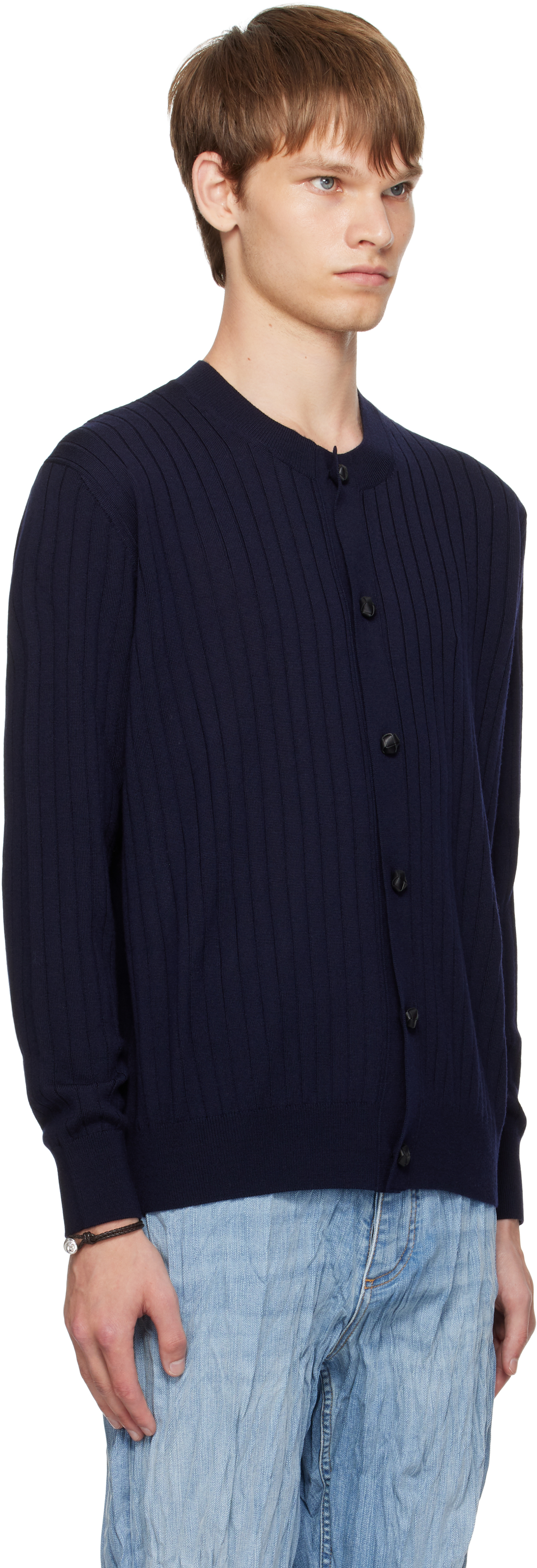 Bottega Veneta Mens Abyss Crewnck Ribbed Wool Cardigan In Blue
