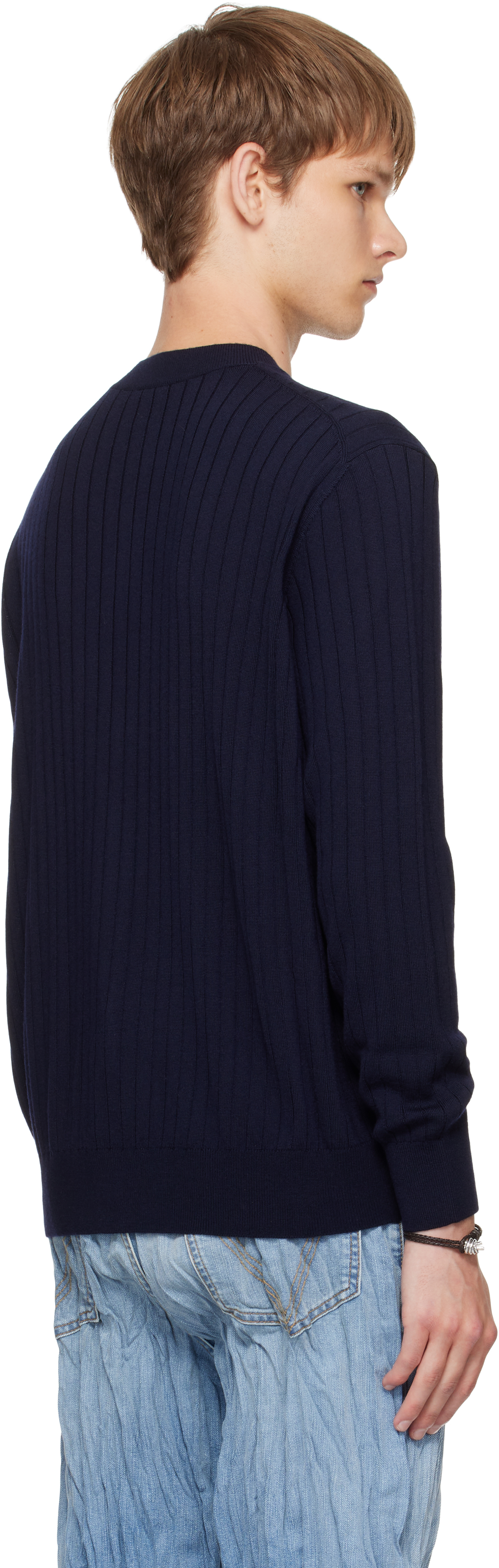 Bottega Veneta Mens Abyss Crewnck Ribbed Wool Cardigan In Blue
