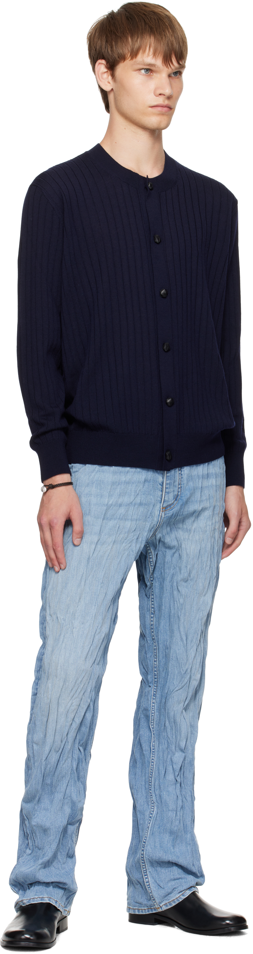 Bottega Veneta Mens Abyss Crewnck Ribbed Wool Cardigan In Blue