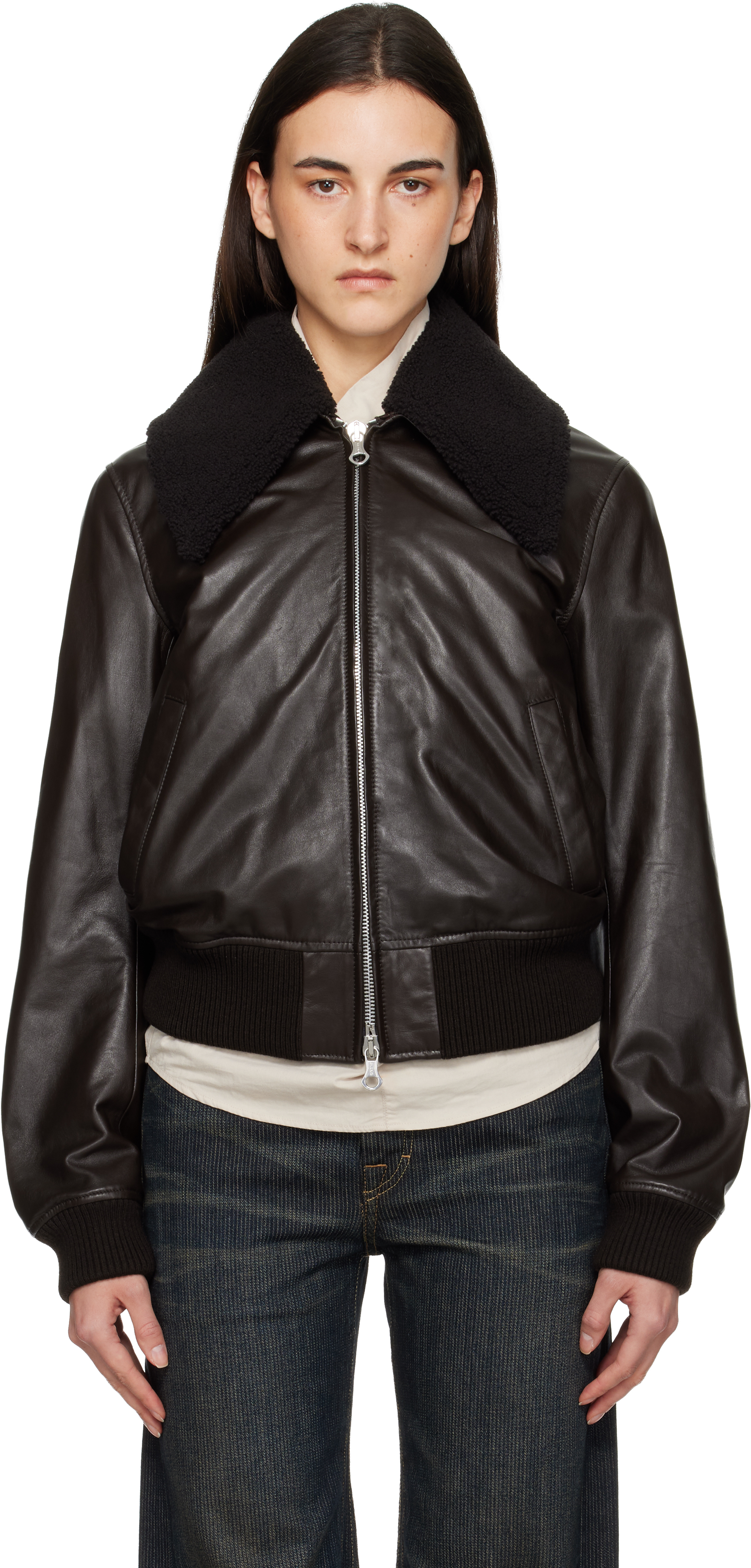 Our Legacy Brown Pharos Leather Bomber Jacket In Black