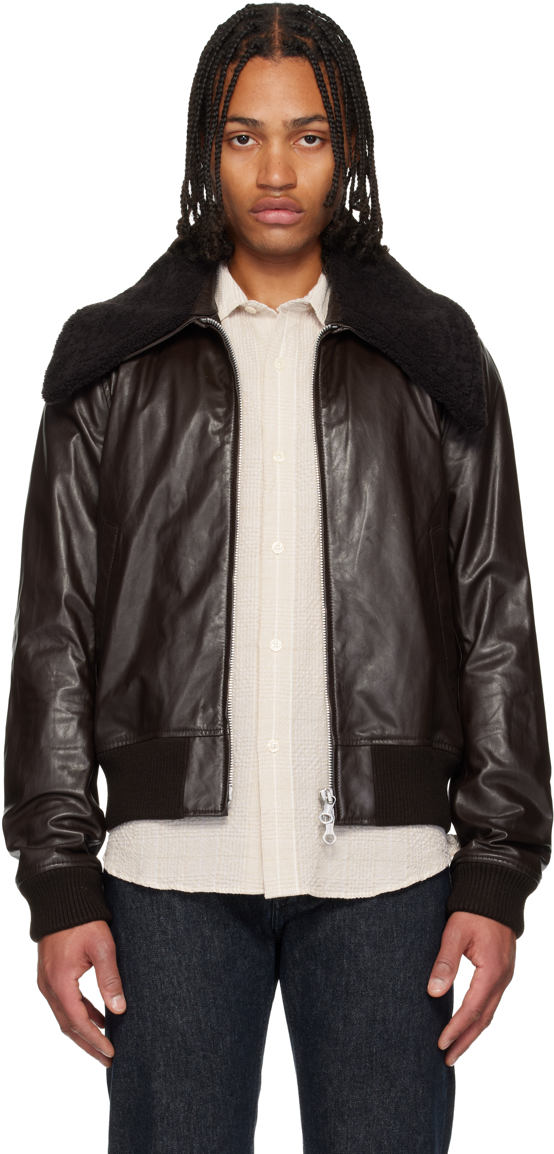 Our Legacy Pharos Wool-blend Trimmed Leather Bomber Jacket In Brown