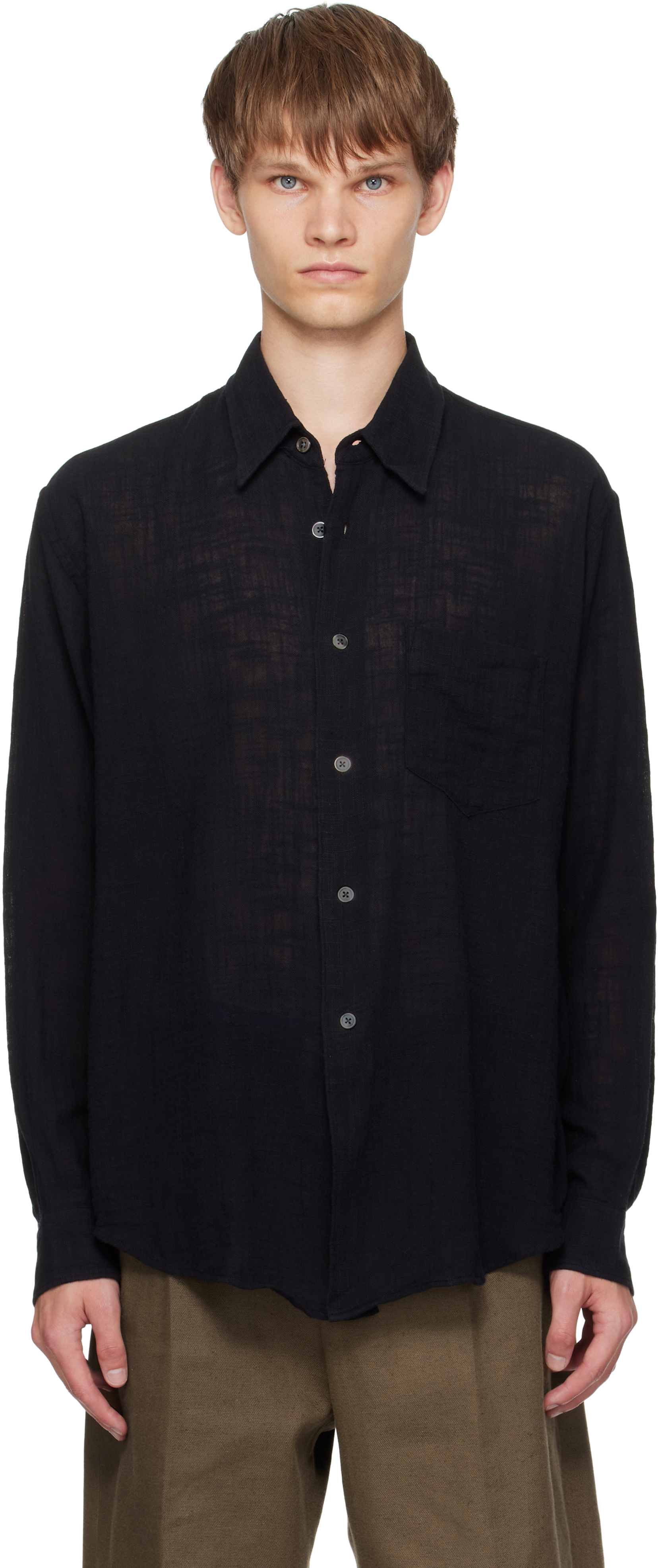 Our Legacy Relaxed Fit Black Shirt With Classic Collar And Textured Fabric In Black
