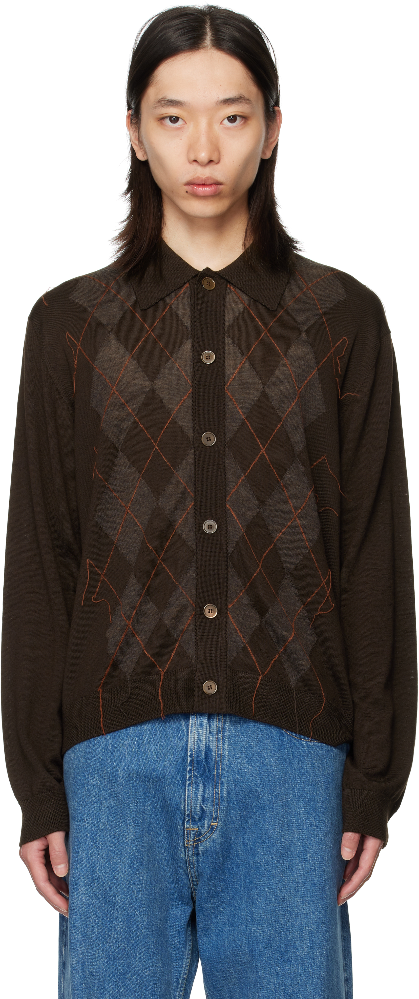 Our Legacy Mens Pub Argyle Evening Diamond-stitch Wool Polo Shirt In Brown