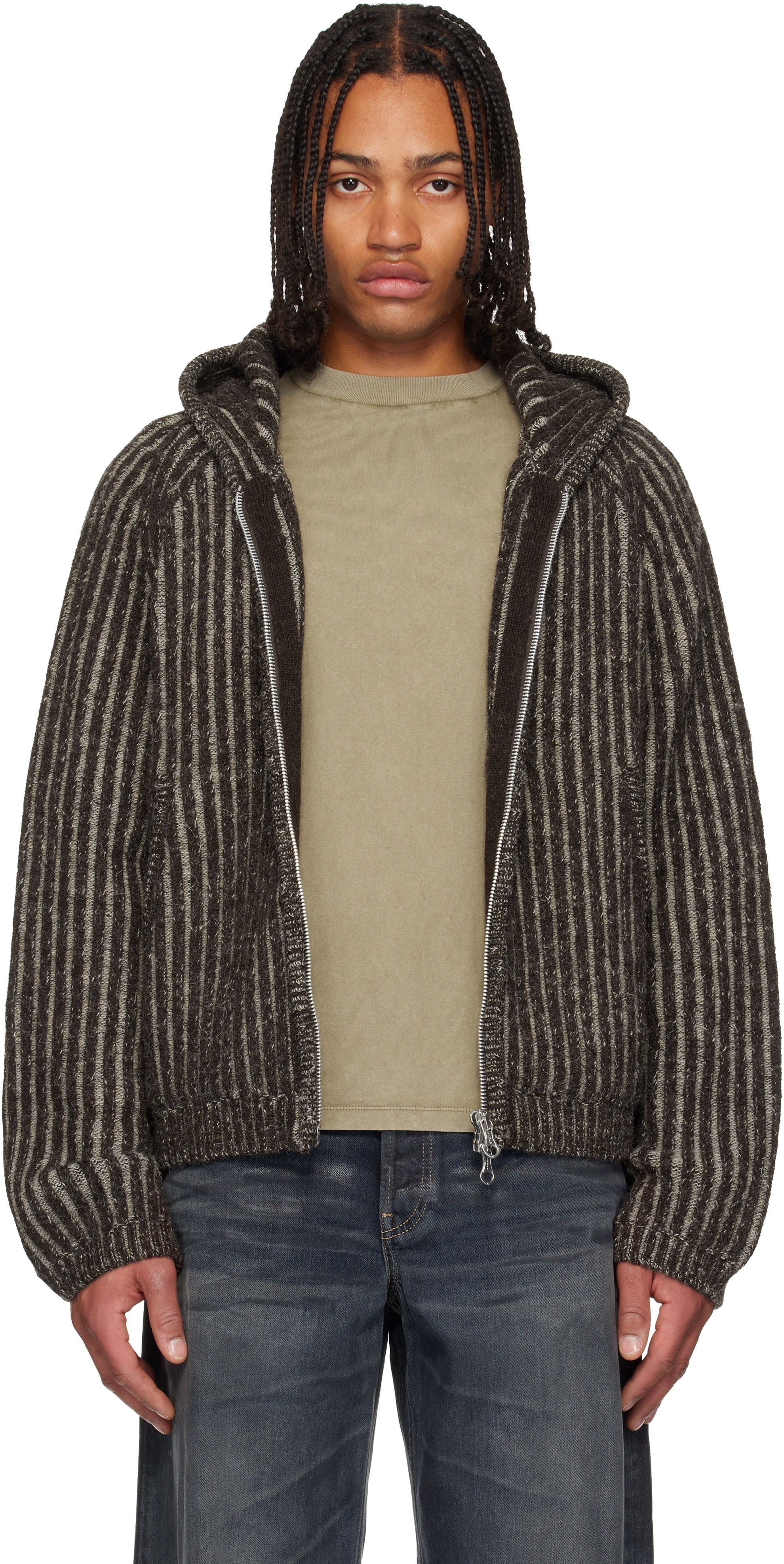 Our Legacy Mens Level Ribbed Wool Hoodie Vanise Brown Stripe In Gray