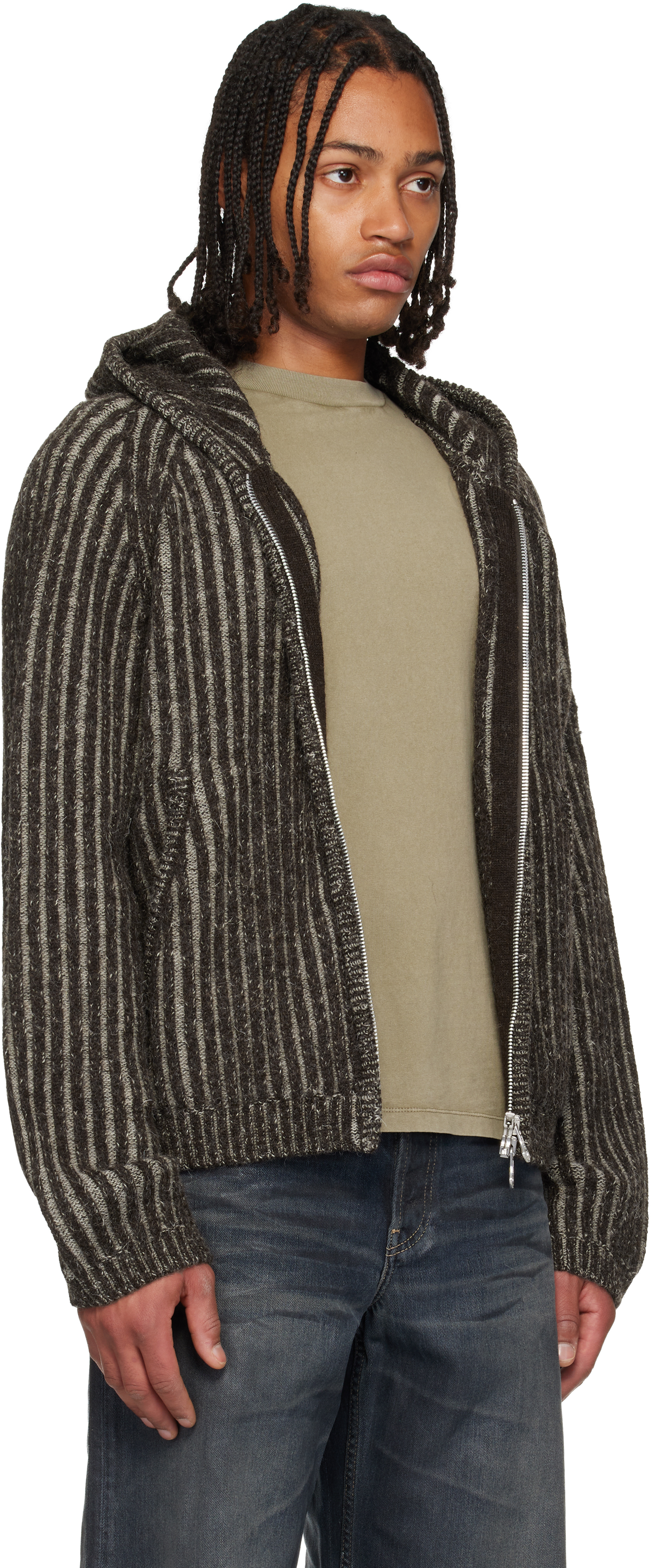 Our Legacy Mens Level Ribbed Wool Hoodie Vanise Brown Stripe In Gray