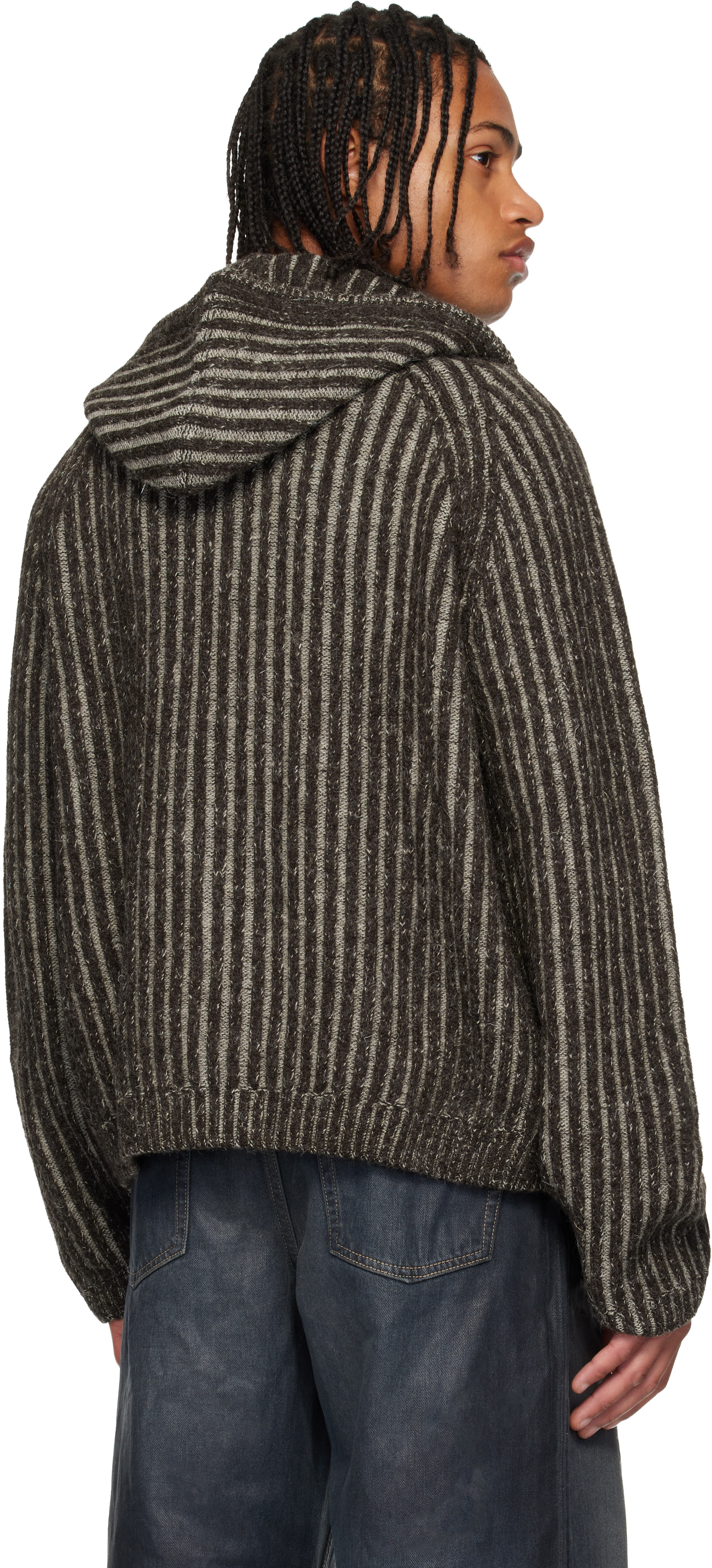 Our Legacy Mens Level Ribbed Wool Hoodie Vanise Brown Stripe In Gray