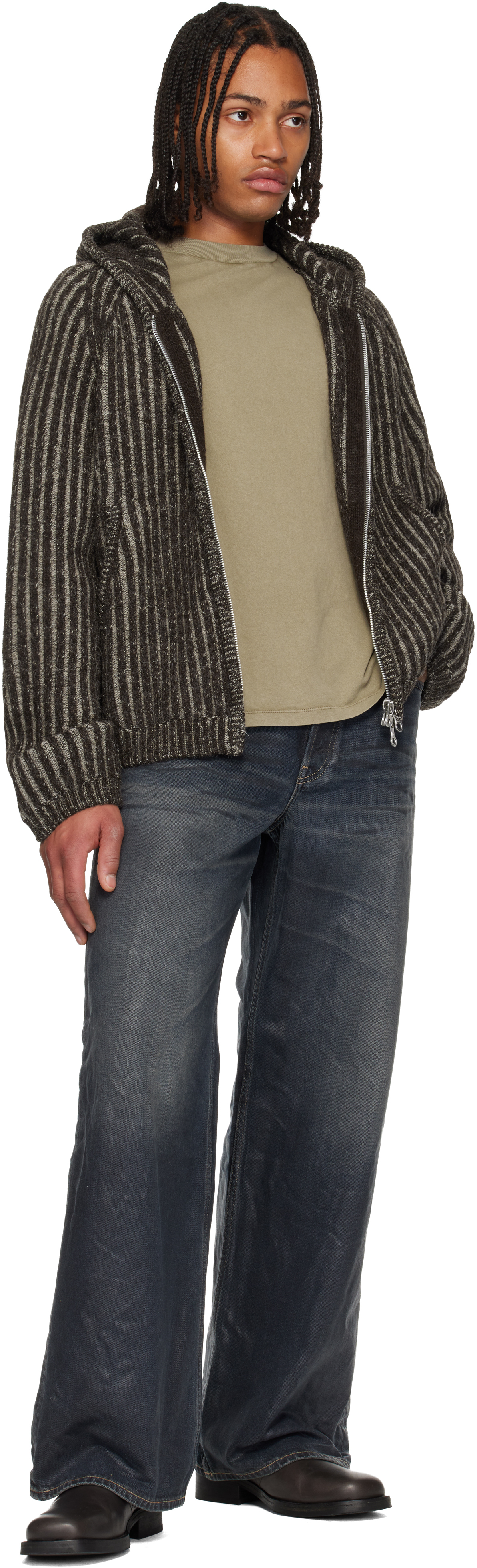 Our Legacy Mens Level Ribbed Wool Hoodie Vanise Brown Stripe In Gray