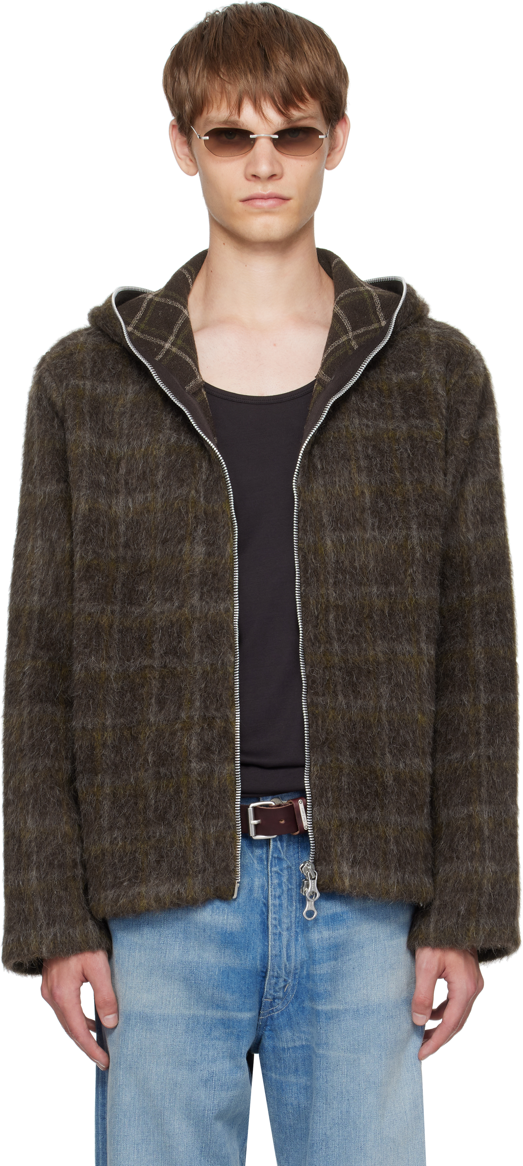 Our Legacy Textured Checkered Hooded Jacket With Long Sleeves In Brown