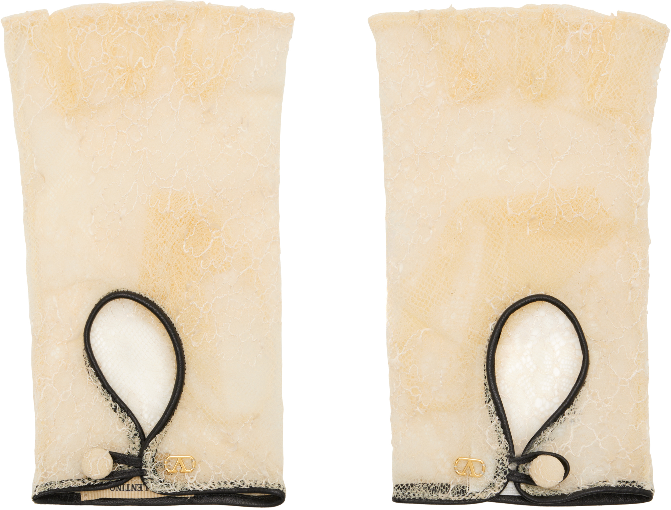 Valentino Garavani Vlogo Signature Biker Gloves In Lace And Leather Woman Butter 8 In Neutral