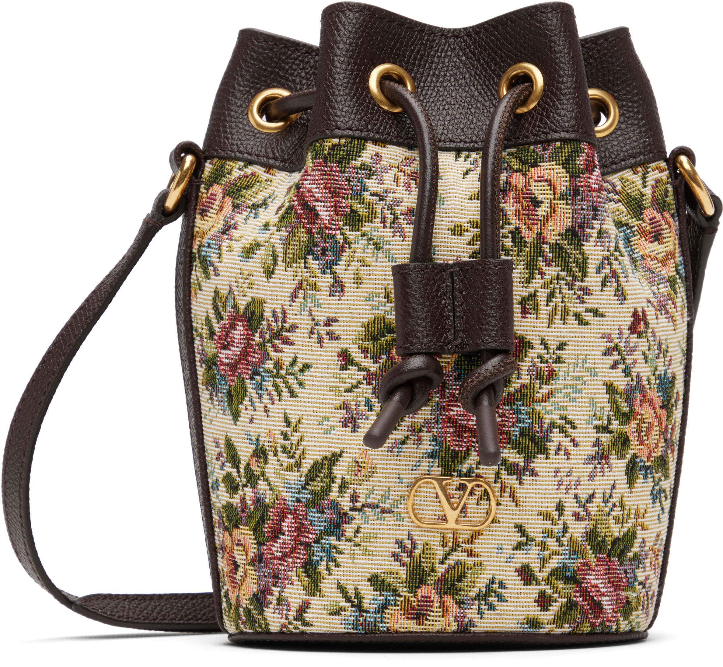 Valentino Brown Mini Vlogo Signature Drawstring Floral Bag