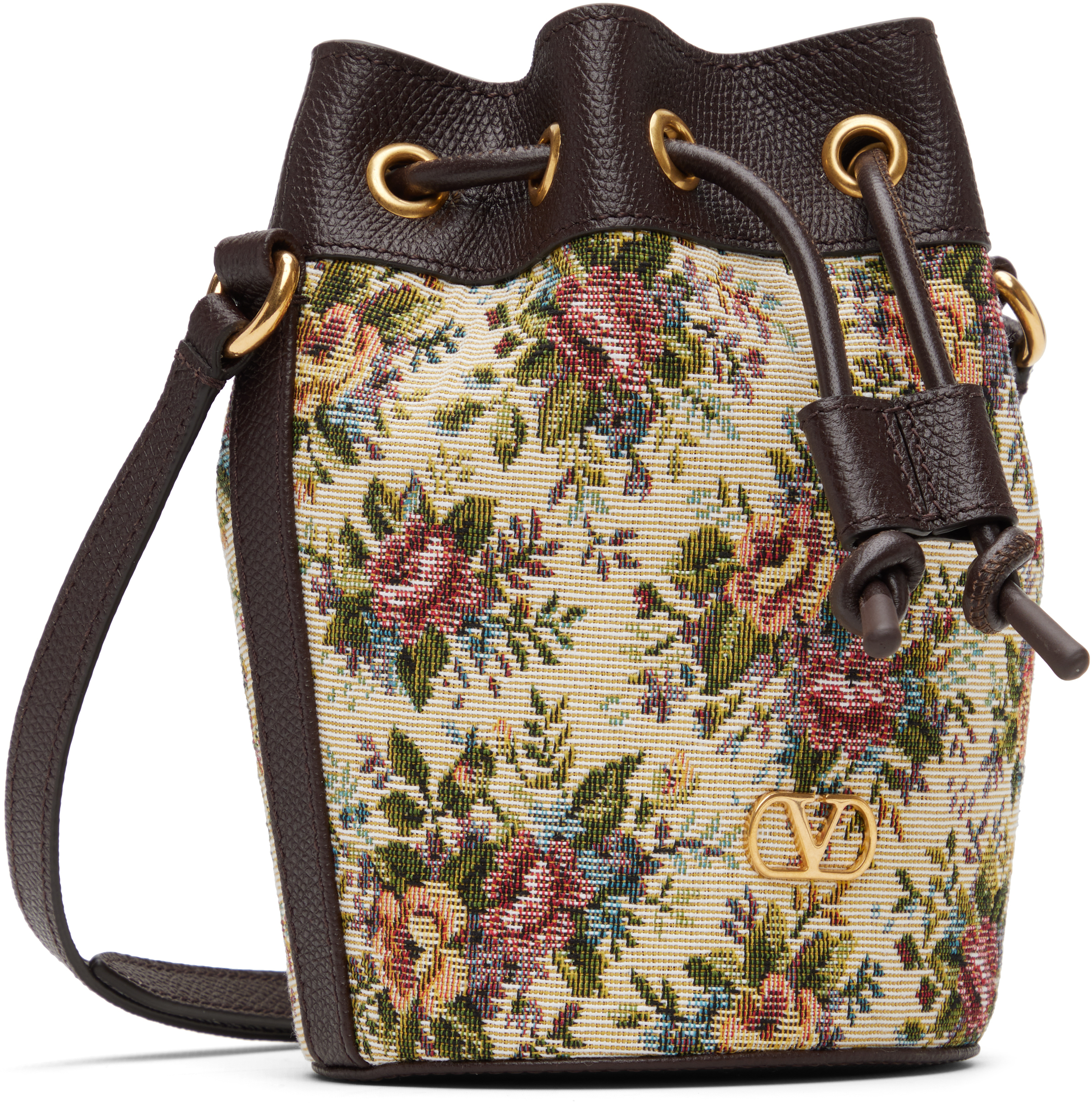 Valentino Brown Mini Vlogo Signature Drawstring Floral Bag