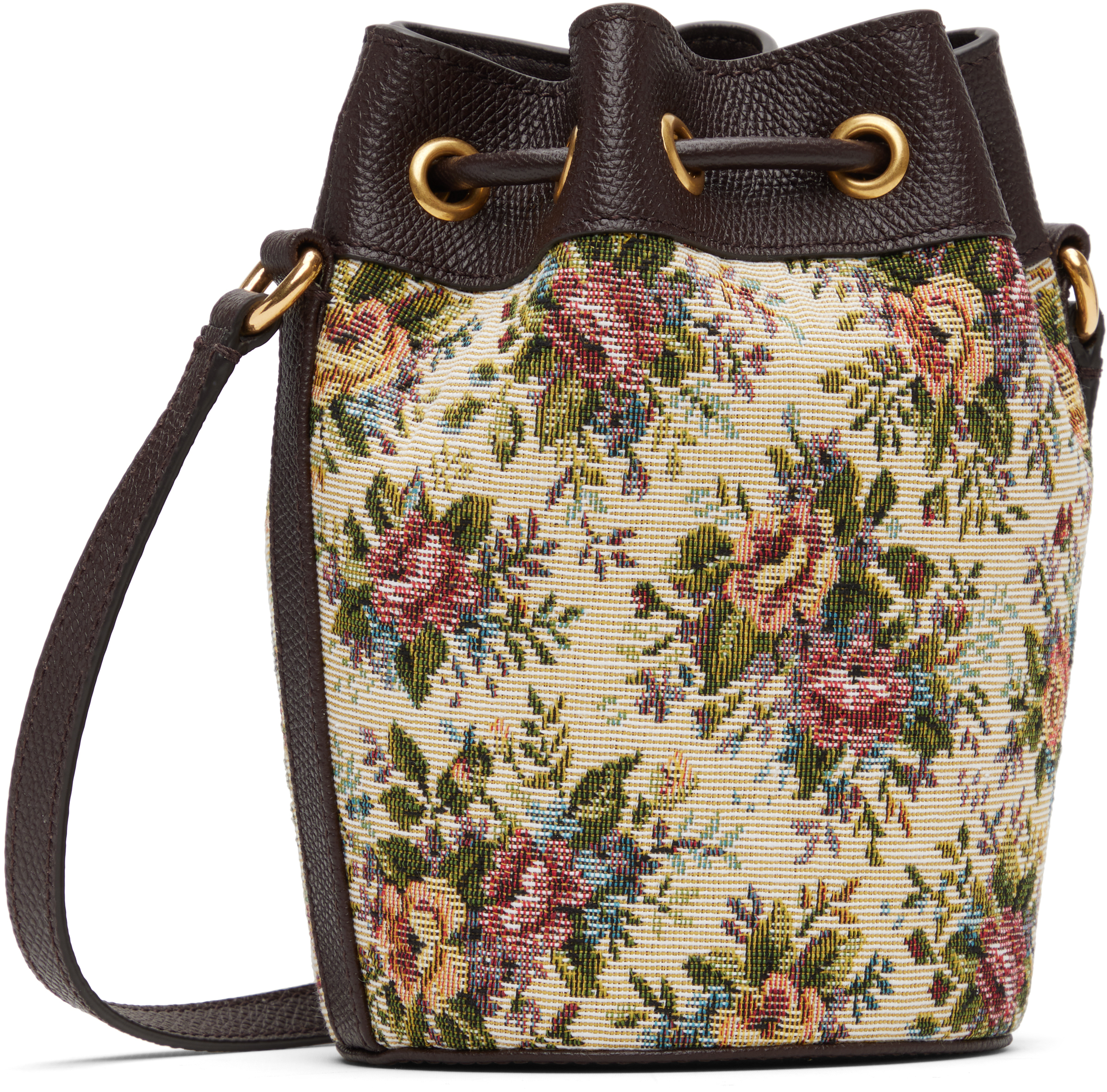 Valentino Brown Mini Vlogo Signature Drawstring Floral Bag