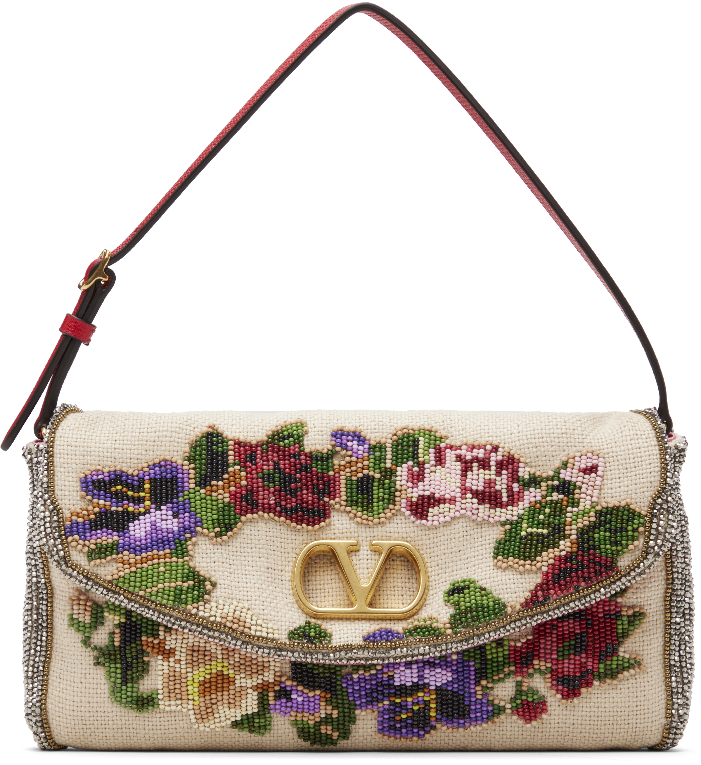 Valentino Beige Beaded Floral Bag In Multi