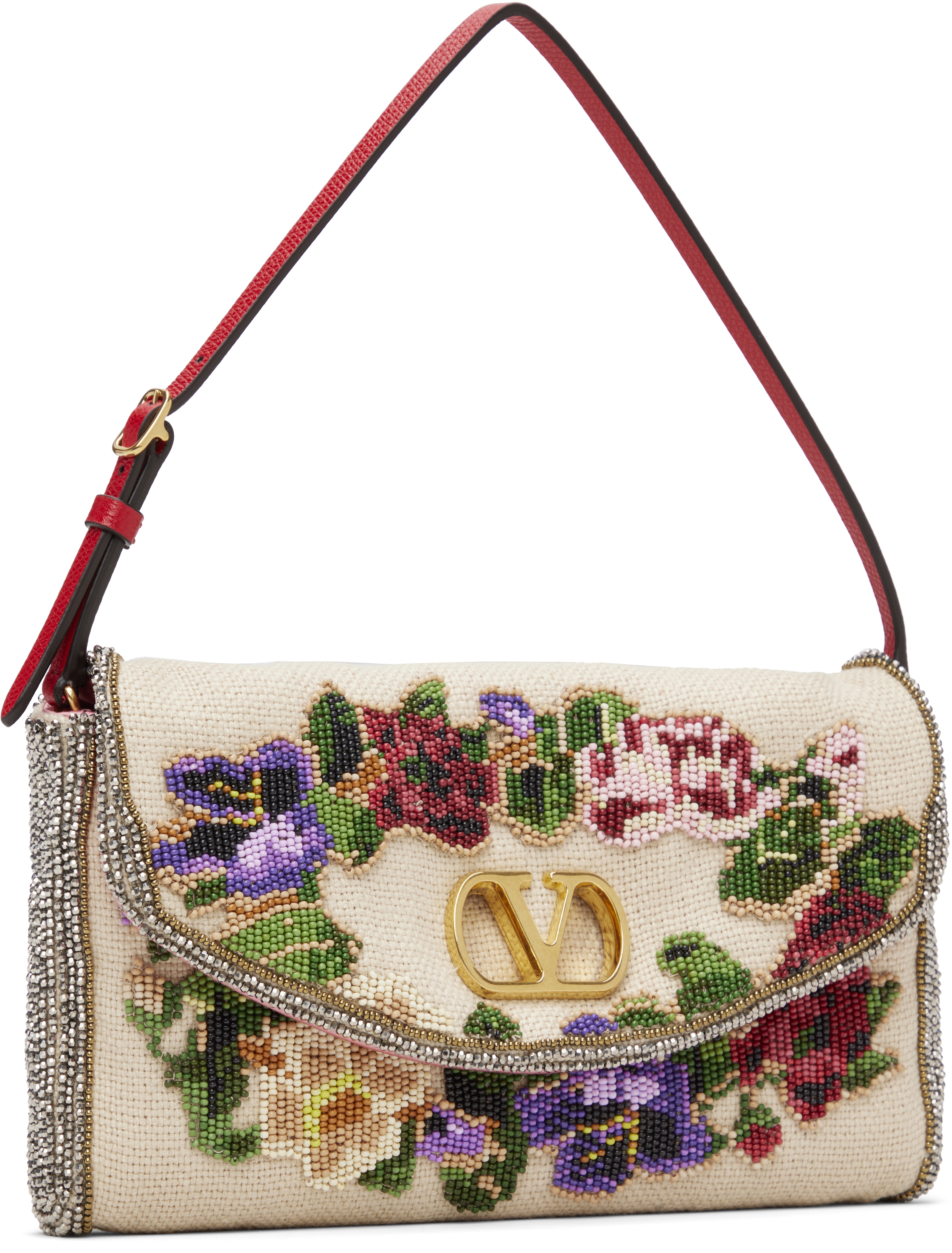 Valentino Beige Beaded Floral Bag In Multi
