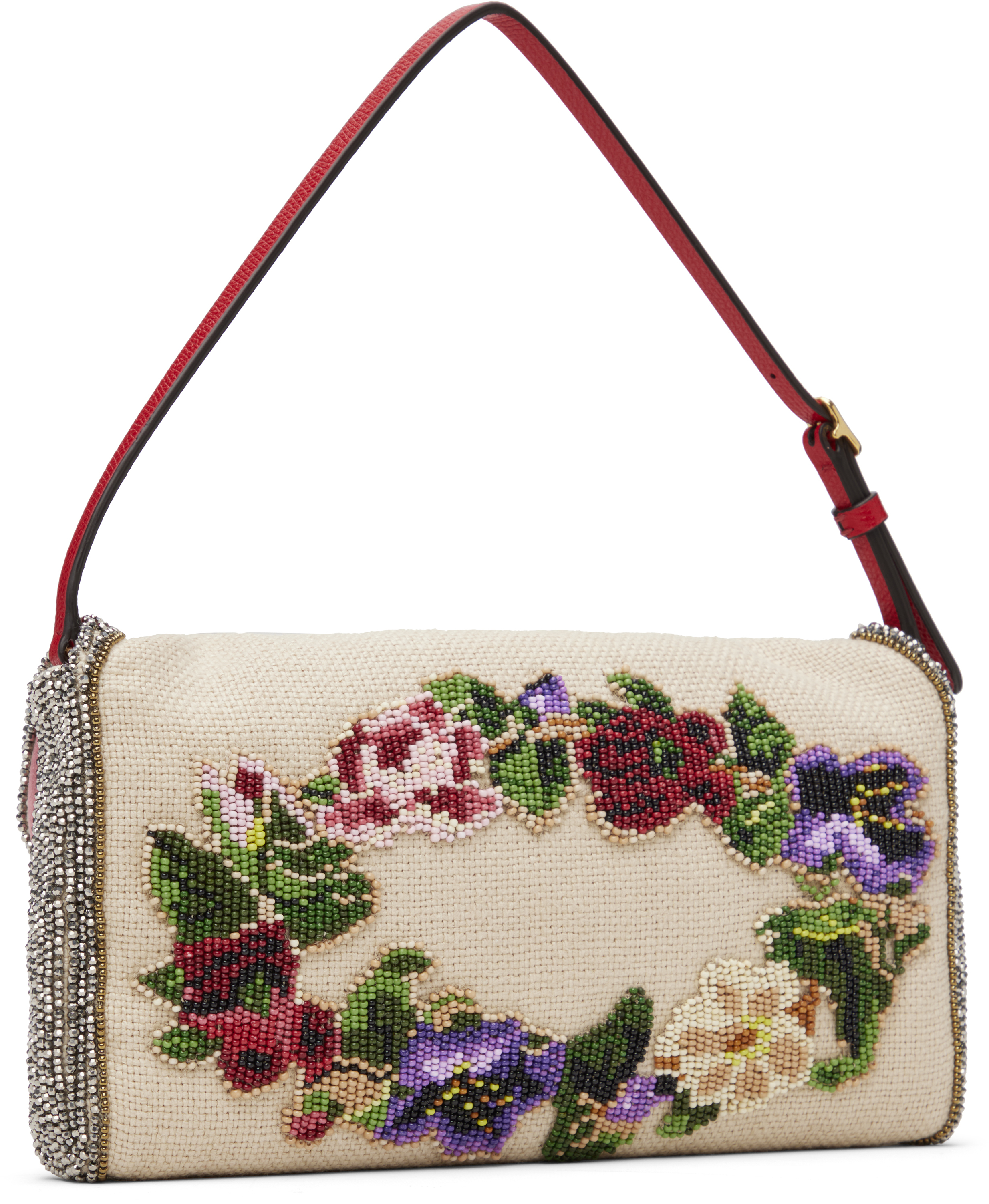 Valentino Beige Beaded Floral Bag In Multi