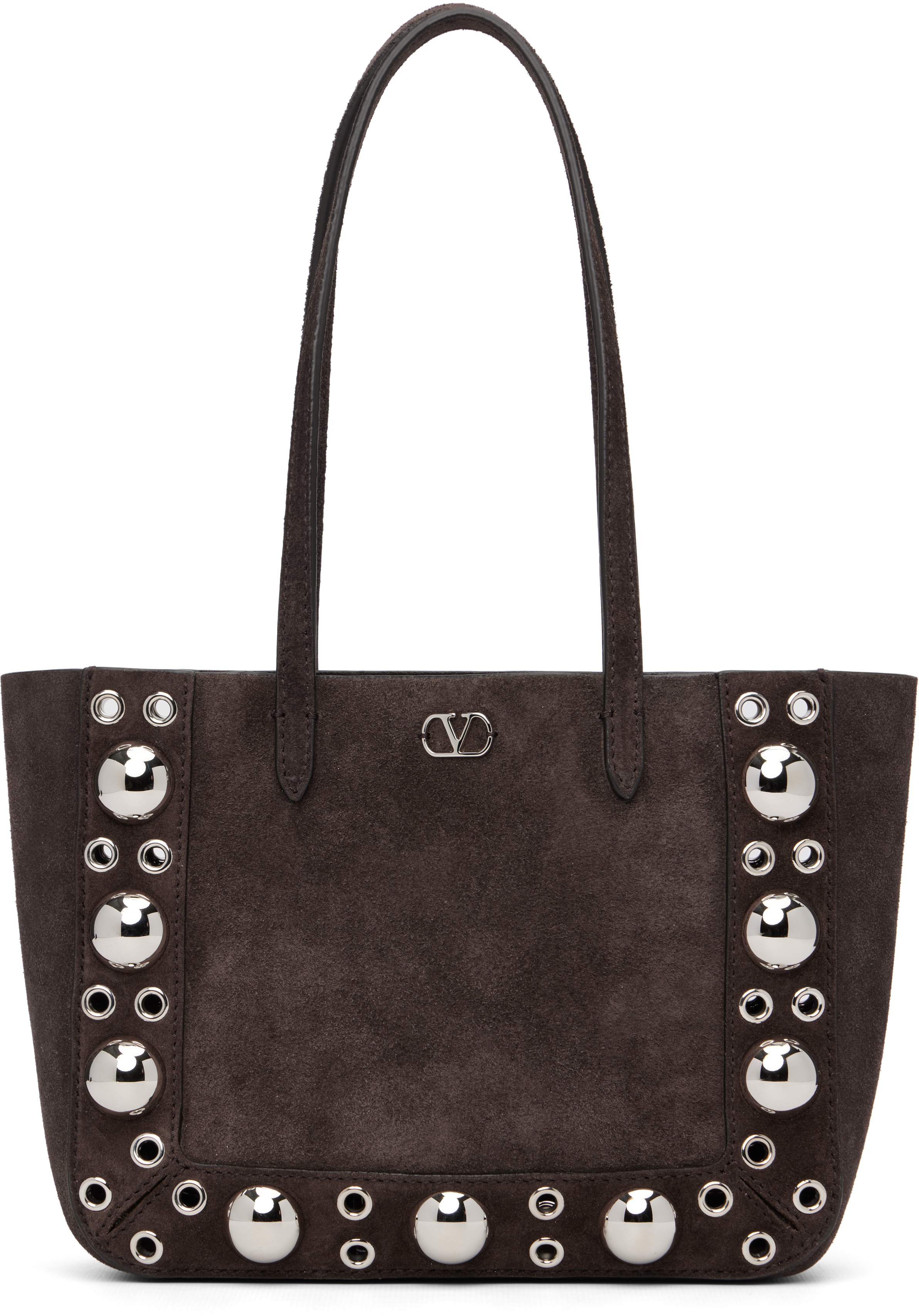 Valentino Studded Suede Double Handles Shoulder Bag In Brown