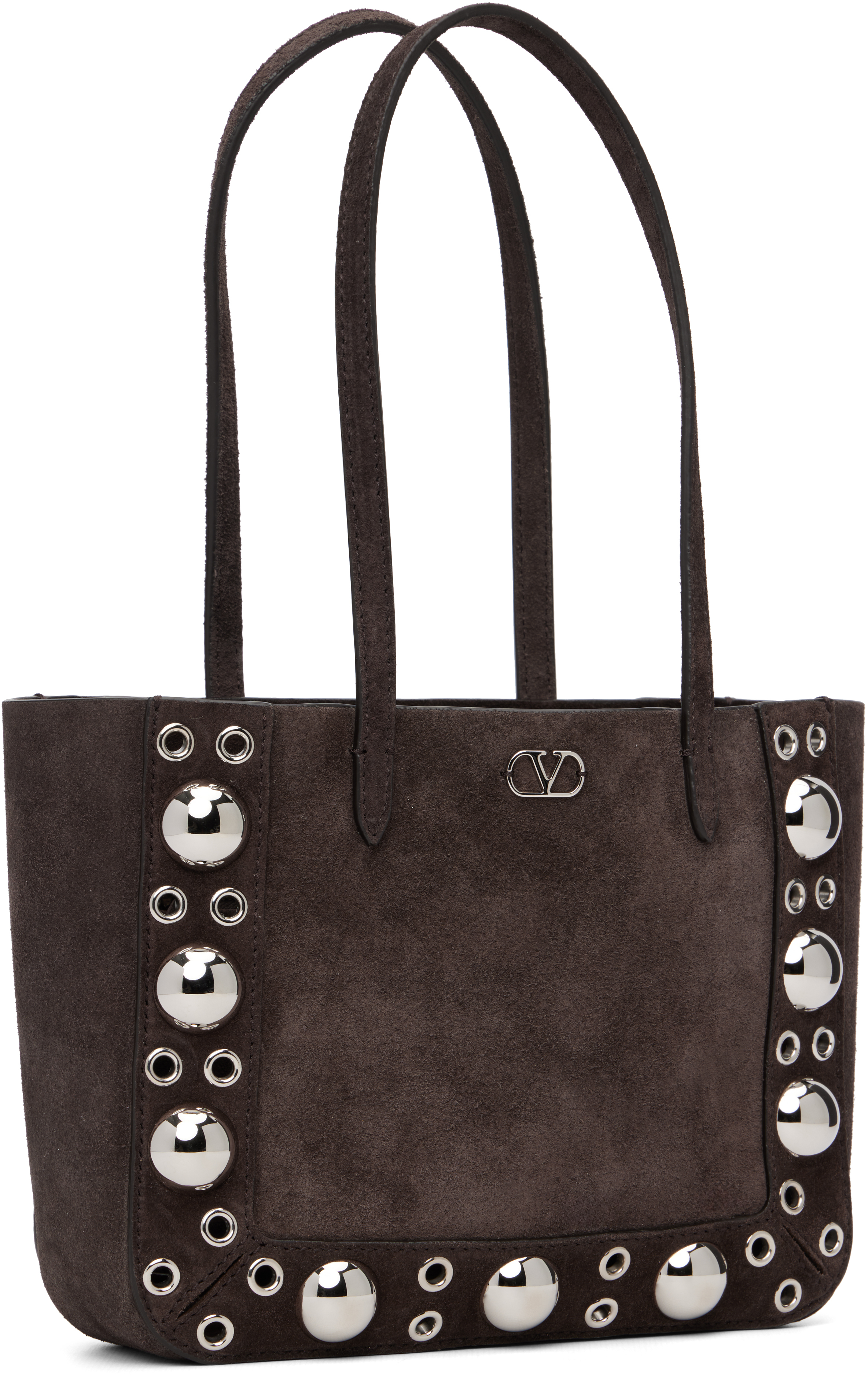 Valentino Studded Suede Double Handles Shoulder Bag In Brown