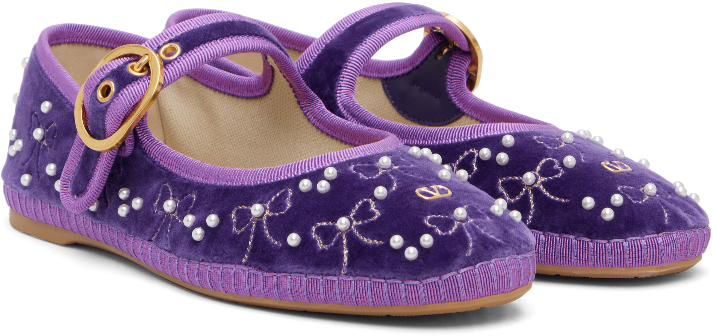 Valentino Endouce Bow Velvet Mary Jane Ballerina Flats In Purple