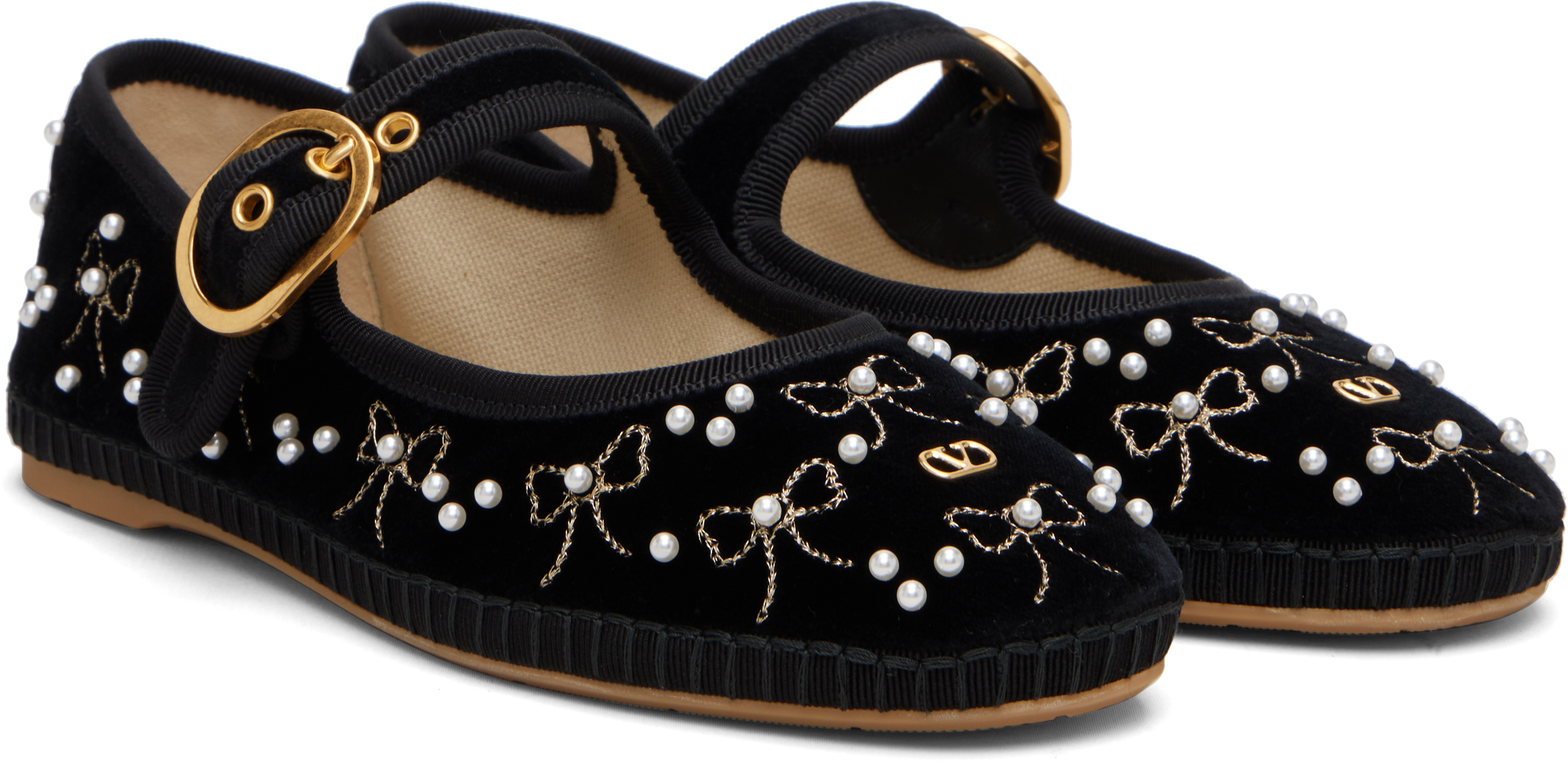 Valentino Garavani Black Mary-jane Endouce Velvet Ballerina Flats