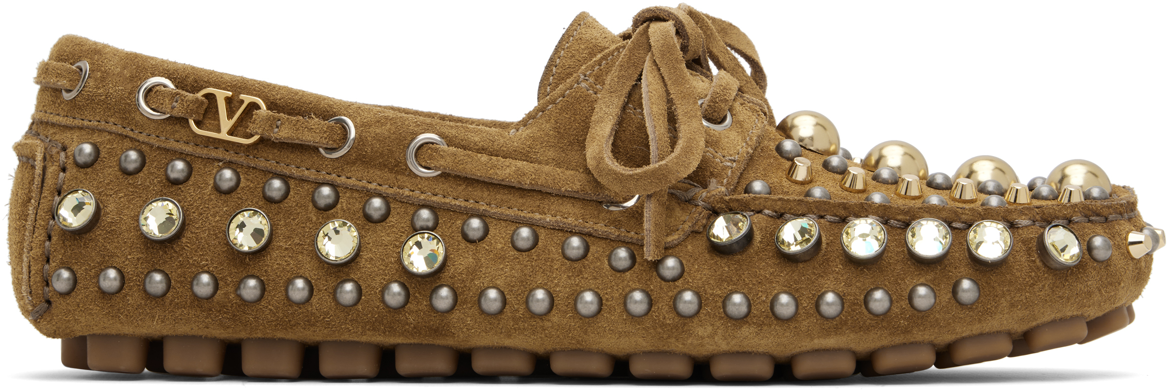 Valentino Brown Mixed Studs Boat Shoes In Green