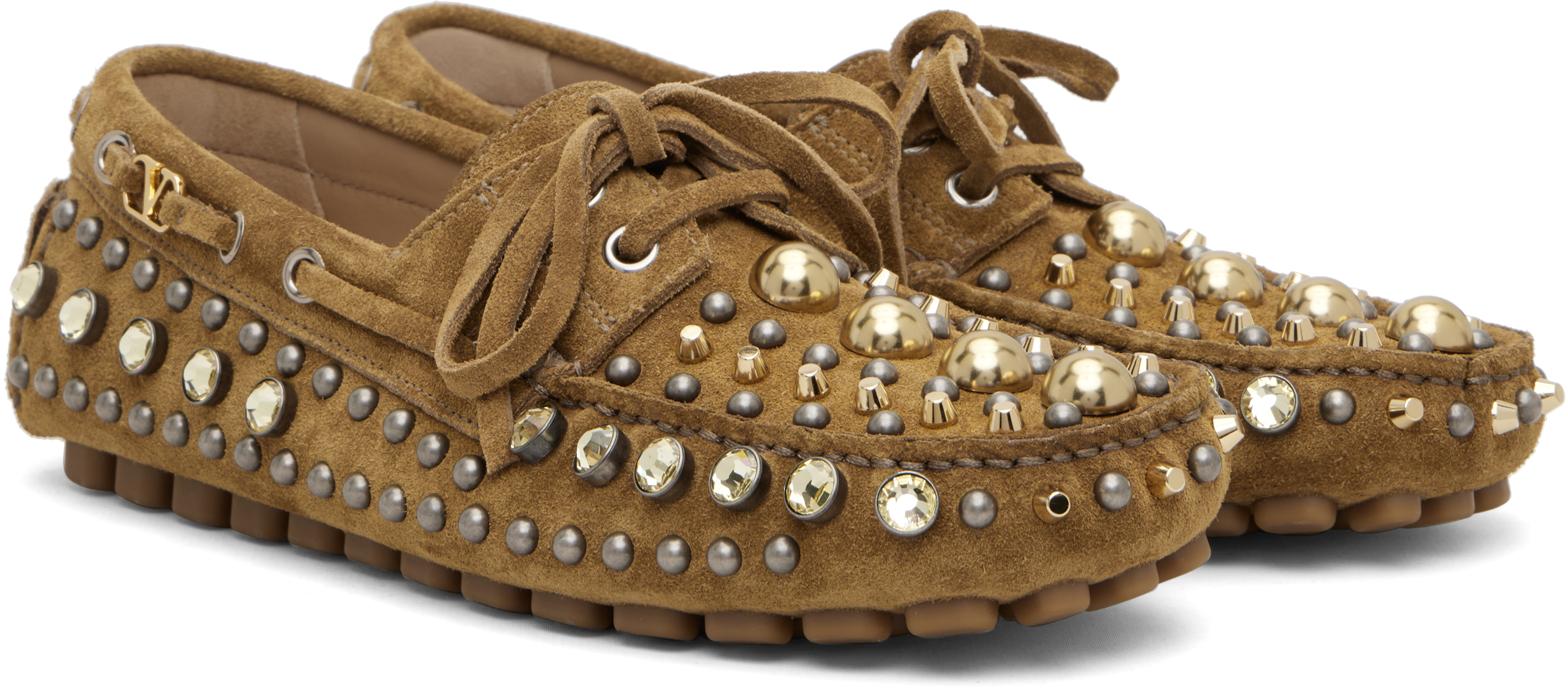 Valentino Brown Mixed Studs Boat Shoes In Green