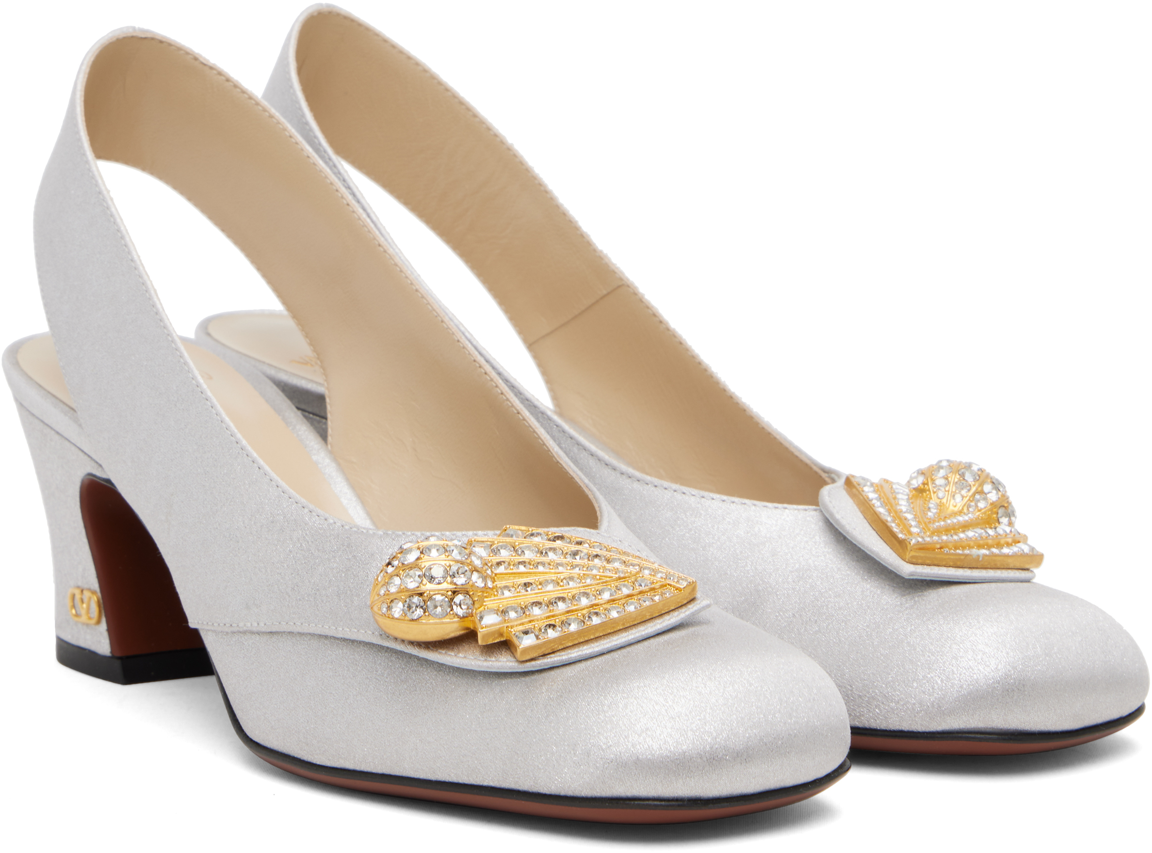 Valentino Silver Adamantine Slingback Glitter Fabric Heels In White