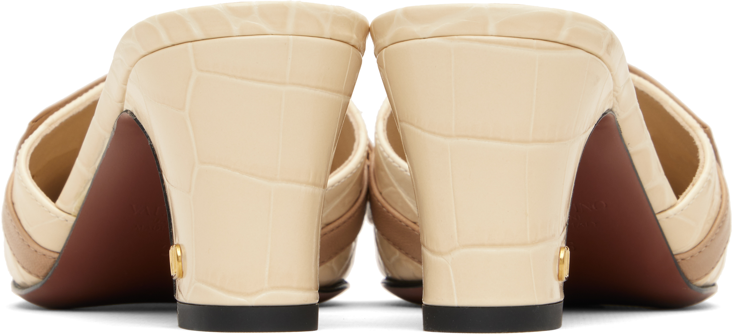 Valentino Beige Croc Embossed Leather Bow Mule Sandals In Neutral