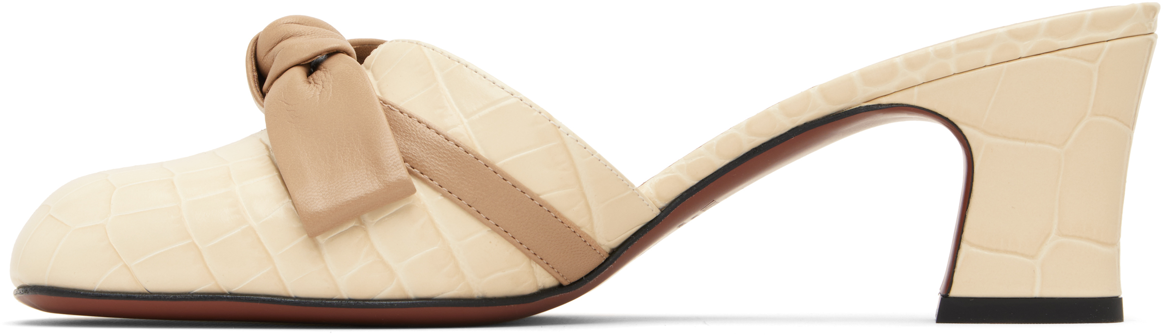 Valentino Beige Croc Embossed Leather Bow Mule Sandals In Neutral