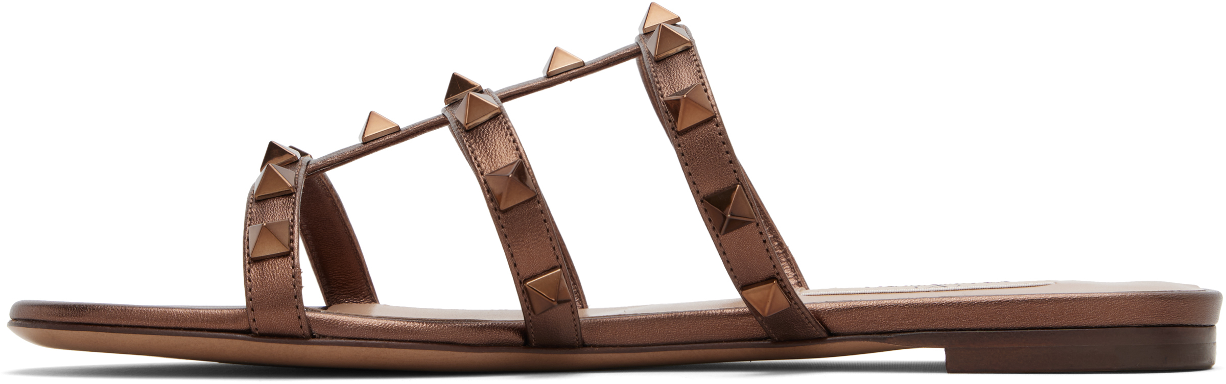 Valentino Bronze Rockstud Flat Metallic Nappa Slide Sandals In Brown